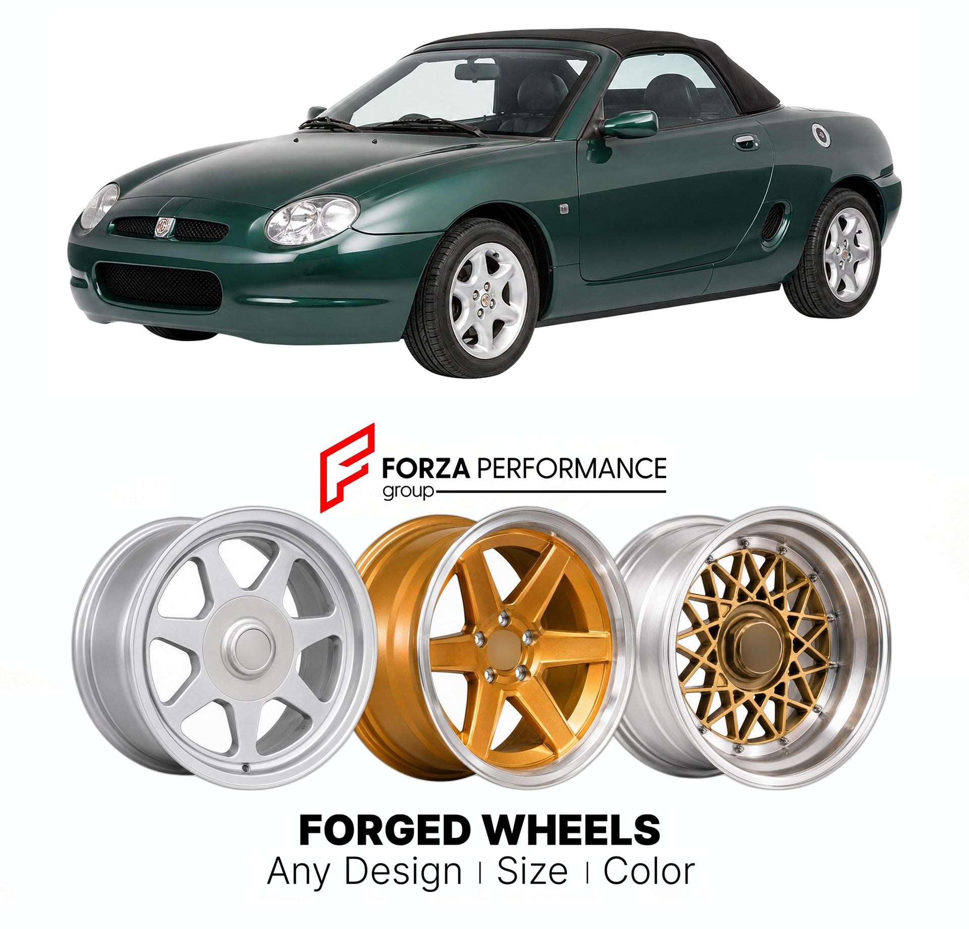 CUSTOM CLASSIC VINTAGE RESTOMOD RETRO OLD SCHOOL FORGED WHEELS RIMS for MG F/TF 1995 - 2002

Custom forged wheels for MG F/TF 1995 - 2002. Classic, vintage, restomod wheel designs made to order in custom sizes, offsets, colors and finishes.

We manufacture premium quality forged wheels rims for MG F/TF 1995 - 2002 in any design, size, color.

THIS WHEEL DESIGN CAN BE CUSTOM-MADE FOR YOUR CAR IN ANY SIZE AND COLOR OPTIONS
Available in monoblock, 2-piece, 3-piece, duoblock, beadlock
3D wheel renderings are pr