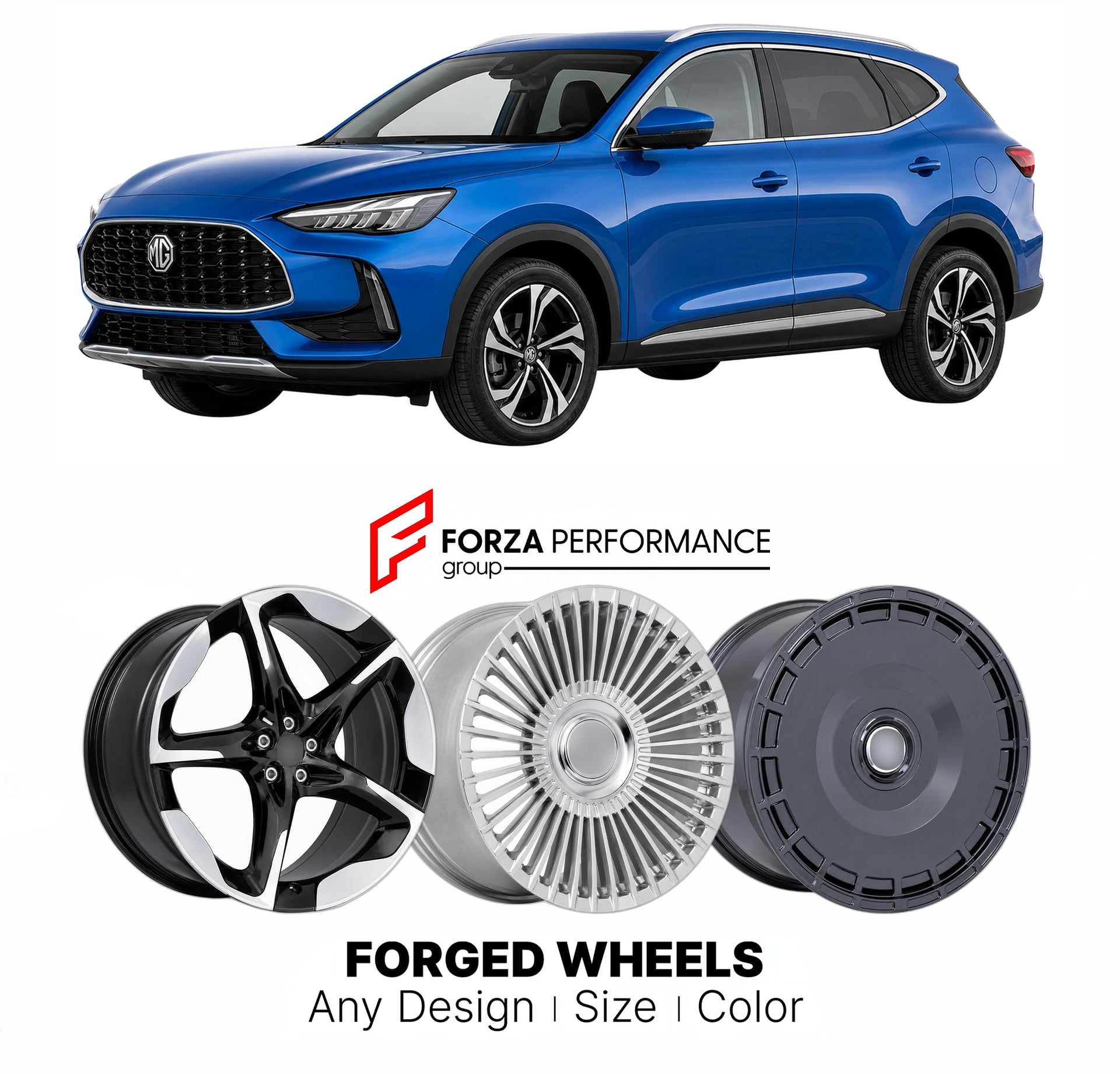 Custom forged wheels for MG HS 2024+. Made-to-order monoblock, 2-piece and 3-piece wheels in custom sizes, offsets, colors and finishes with guaranteed vehicle fitment.

We manufacture premium quality forged wheels rims for MG HS 2024+ in any design, size, color.

THIS WHEEL DESIGN CAN BE CUSTOM-MADE FOR YOUR CAR IN ANY SIZE AND COLOR OPTIONS
Available in monoblock, 2-piece, 3-piece, duoblock, beadlock
3D wheel renderings are provided according to the exact dimensions and specifications requested by the cli