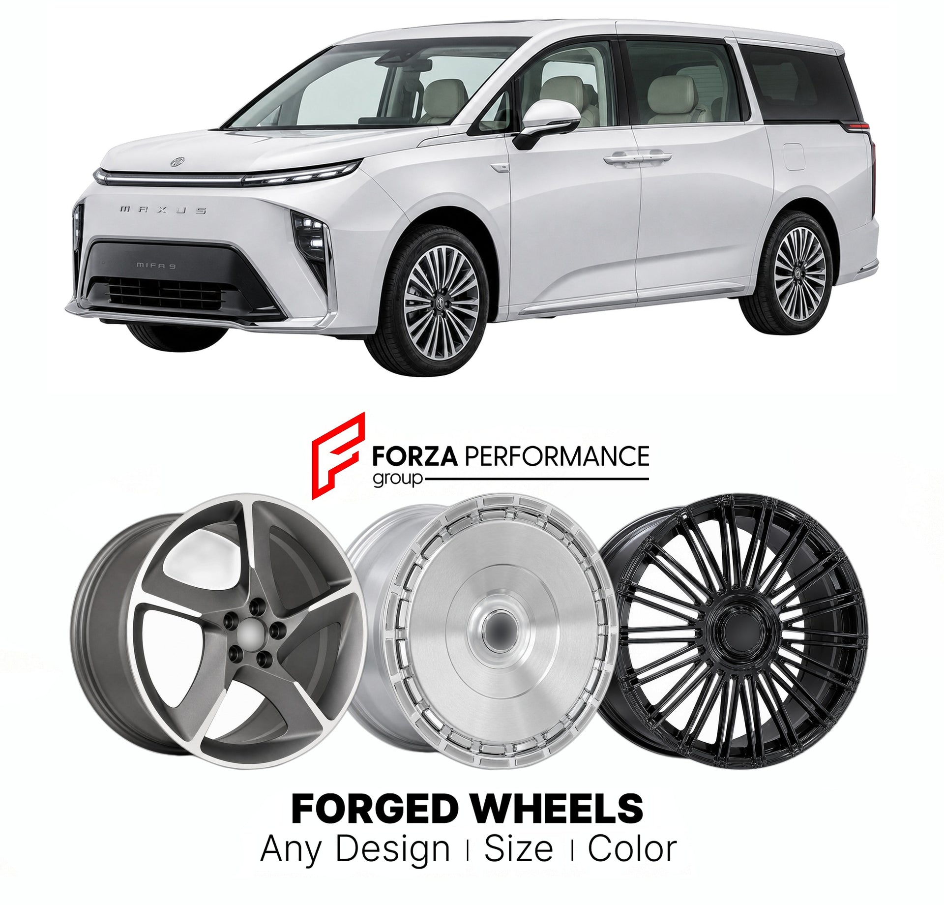 Custom forged wheels for MG M9 Maxus MIFA 9 Twin 2024+. Made-to-order monoblock, 2-piece and 3-piece wheels in custom sizes, offsets, colors and finishes with guaranteed vehicle fitment.

We manufacture premium quality forged wheels rims for MG M9 Maxus MIFA 9 Twin 2024+ in any design, size, color.

THIS WHEEL DESIGN CAN BE CUSTOM-MADE FOR YOUR CAR IN ANY SIZE AND COLOR OPTIONS
Available in monoblock, 2-piece, 3-piece, duoblock, beadlock
3D wheel renderings are provided according to the exact dimensions and