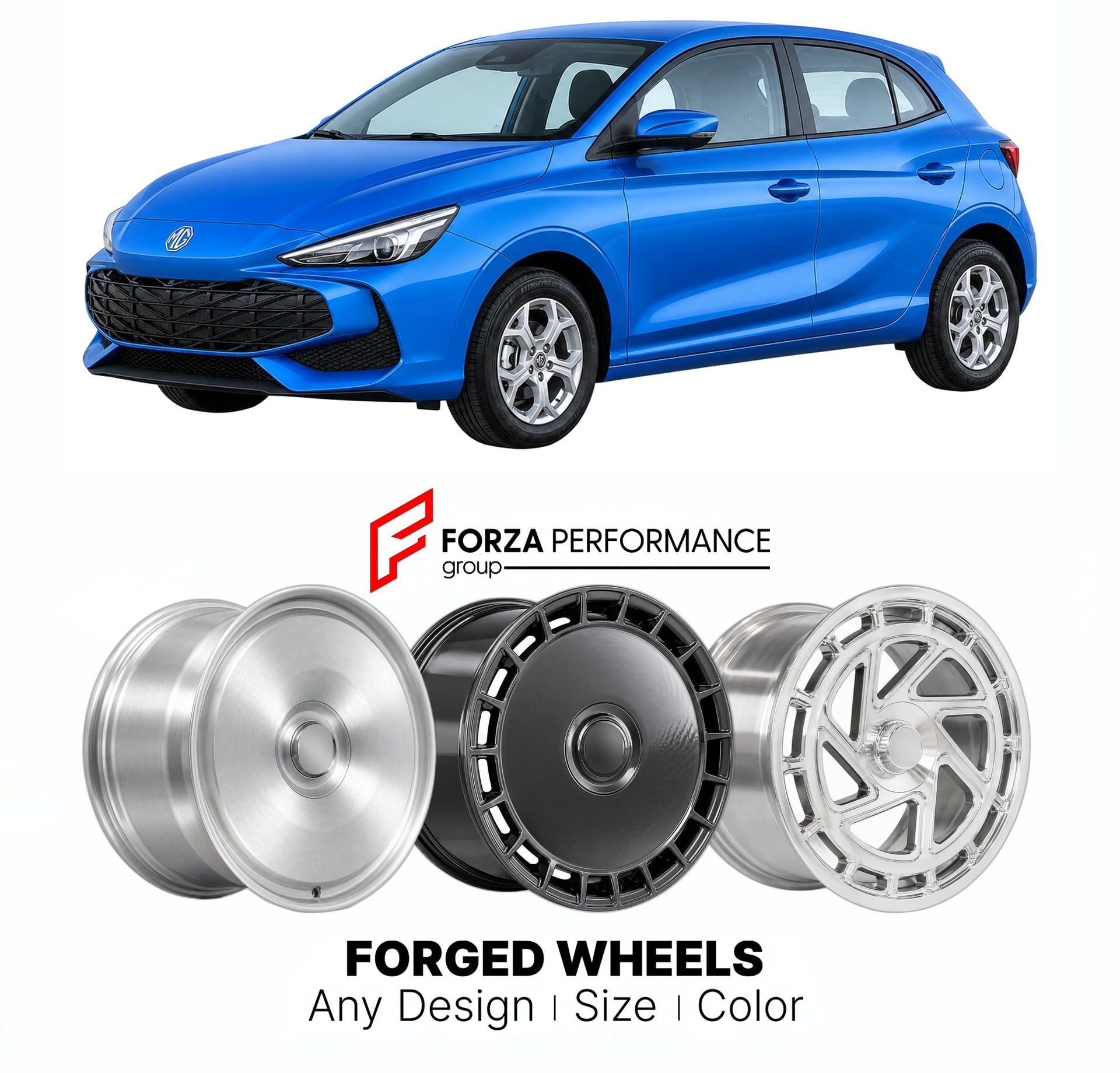 Custom forged wheels for MG MG3 2024+. Made-to-order monoblock, 2-piece and 3-piece wheels in custom sizes, offsets, colors and finishes with guaranteed vehicle fitment.

We manufacture premium quality forged wheels rims for MG MG3 2024+ in any design, size, color.

THIS WHEEL DESIGN CAN BE CUSTOM-MADE FOR YOUR CAR IN ANY SIZE AND COLOR OPTIONS
Available in monoblock, 2-piece, 3-piece, duoblock, beadlock
3D wheel renderings are provided according to the exact dimensions and specifications requested by the c