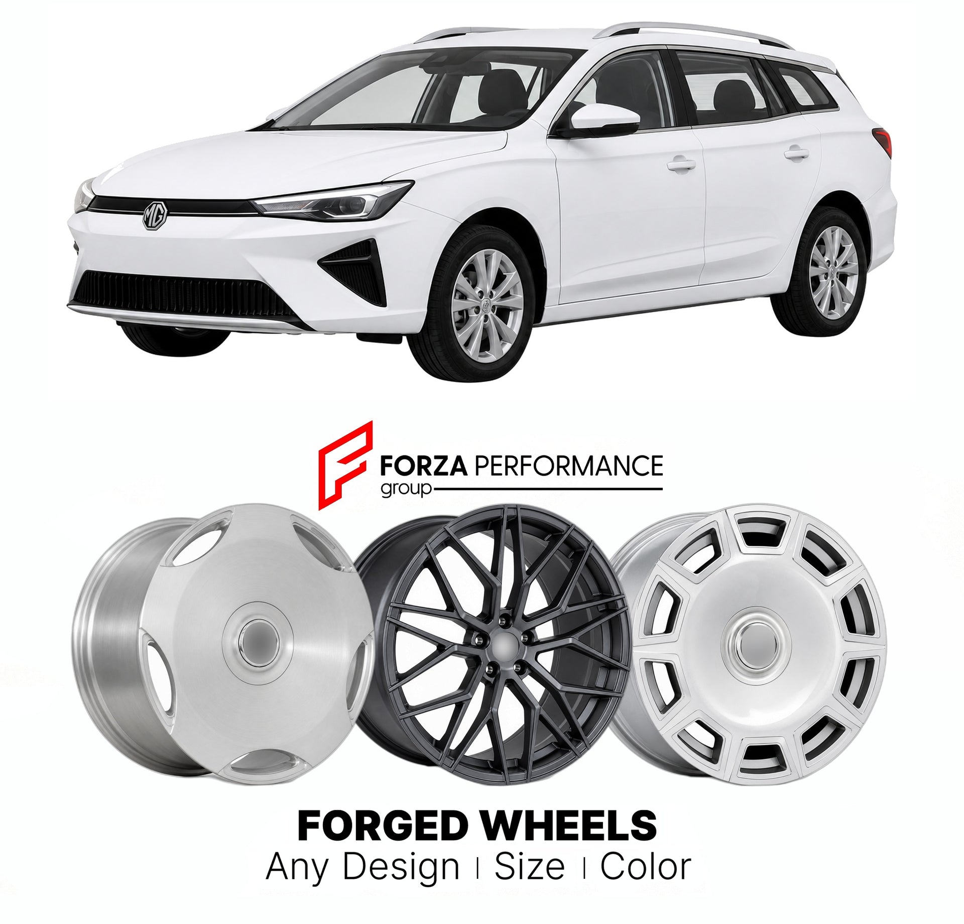 Custom forged wheels for MG MG5 EV Roewe Ei5 2020+. Made-to-order monoblock, 2-piece and 3-piece wheels in custom sizes, offsets, colors and finishes with guaranteed vehicle fitment.

We manufacture premium quality forged wheels rims for MG MG5 EV Roewe Ei5 2020+ in any design, size, color.

THIS WHEEL DESIGN CAN BE CUSTOM-MADE FOR YOUR CAR IN ANY SIZE AND COLOR OPTIONS
Available in monoblock, 2-piece, 3-piece, duoblock, beadlock
3D wheel renderings are provided according to the exact dimensions and specifi