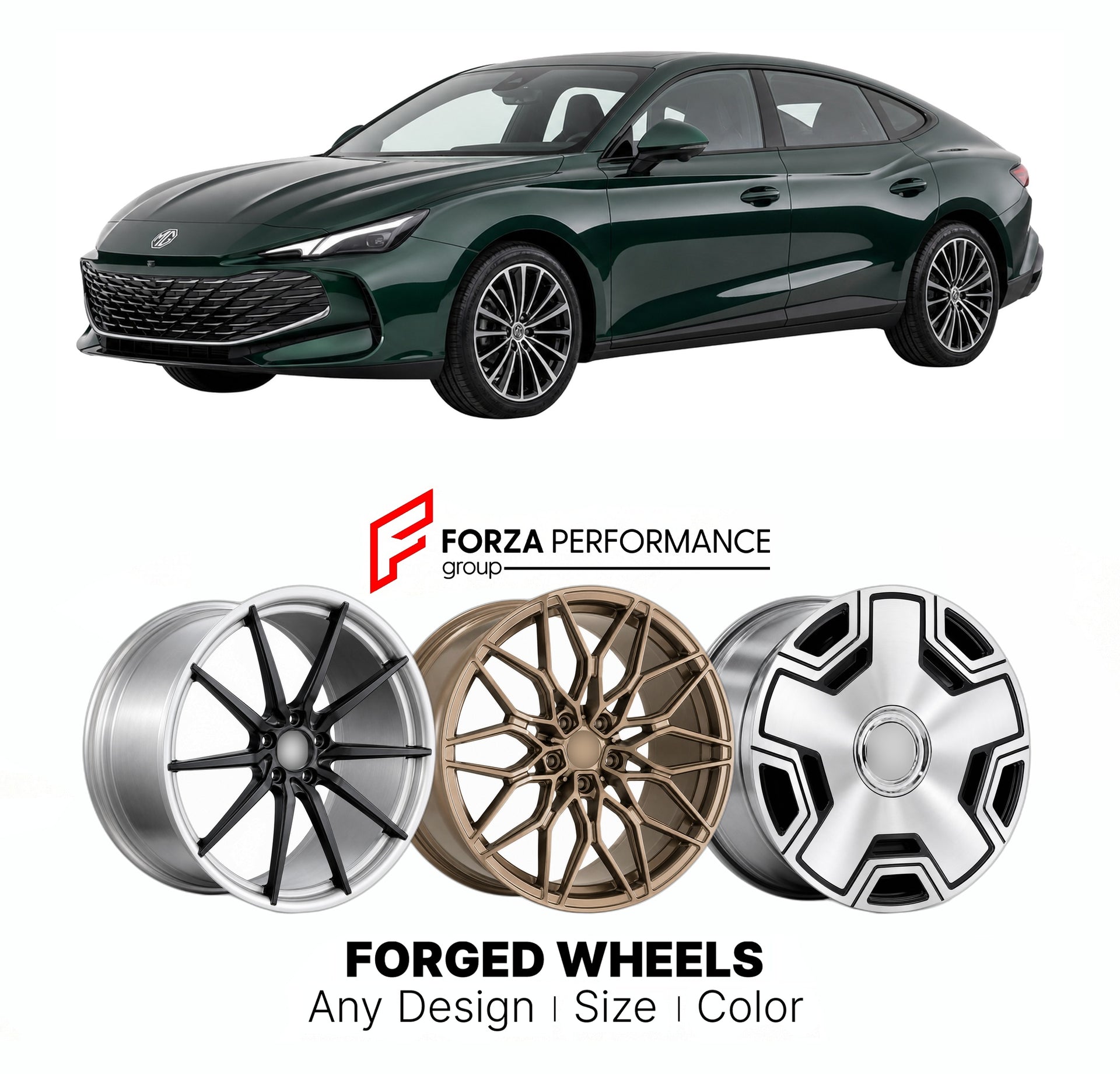 Custom forged wheels for MG MG7 2023+. Made-to-order monoblock, 2-piece and 3-piece wheels in custom sizes, offsets, colors and finishes with guaranteed vehicle fitment.

We manufacture premium quality forged wheels rims for MG MG7 2023+ in any design, size, color.

THIS WHEEL DESIGN CAN BE CUSTOM-MADE FOR YOUR CAR IN ANY SIZE AND COLOR OPTIONS
Available in monoblock, 2-piece, 3-piece, duoblock, beadlock
3D wheel renderings are provided according to the exact dimensions and specifications requested by the c