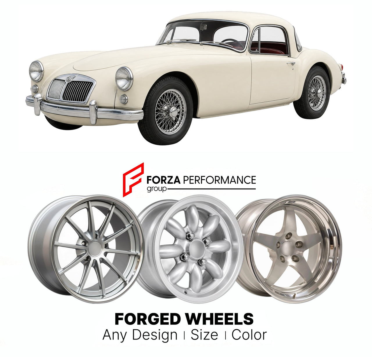 CUSTOM CLASSIC VINTAGE RESTOMOD RETRO OLD SCHOOL FORGED WHEELS RIMS for MG MGA 1955 - 1962

Custom forged wheels for MG MGA 1955 - 1962. Classic, vintage, restomod wheel designs made to order in custom sizes, offsets, colors and finishes.

We manufacture premium quality forged wheels rims for MG MGA 1955 - 1962 in any design, size, color.

THIS WHEEL DESIGN CAN BE CUSTOM-MADE FOR YOUR CAR IN ANY SIZE AND COLOR OPTIONS
Available in monoblock, 2-piece, 3-piece, duoblock, beadlock
3D wheel renderings are provi