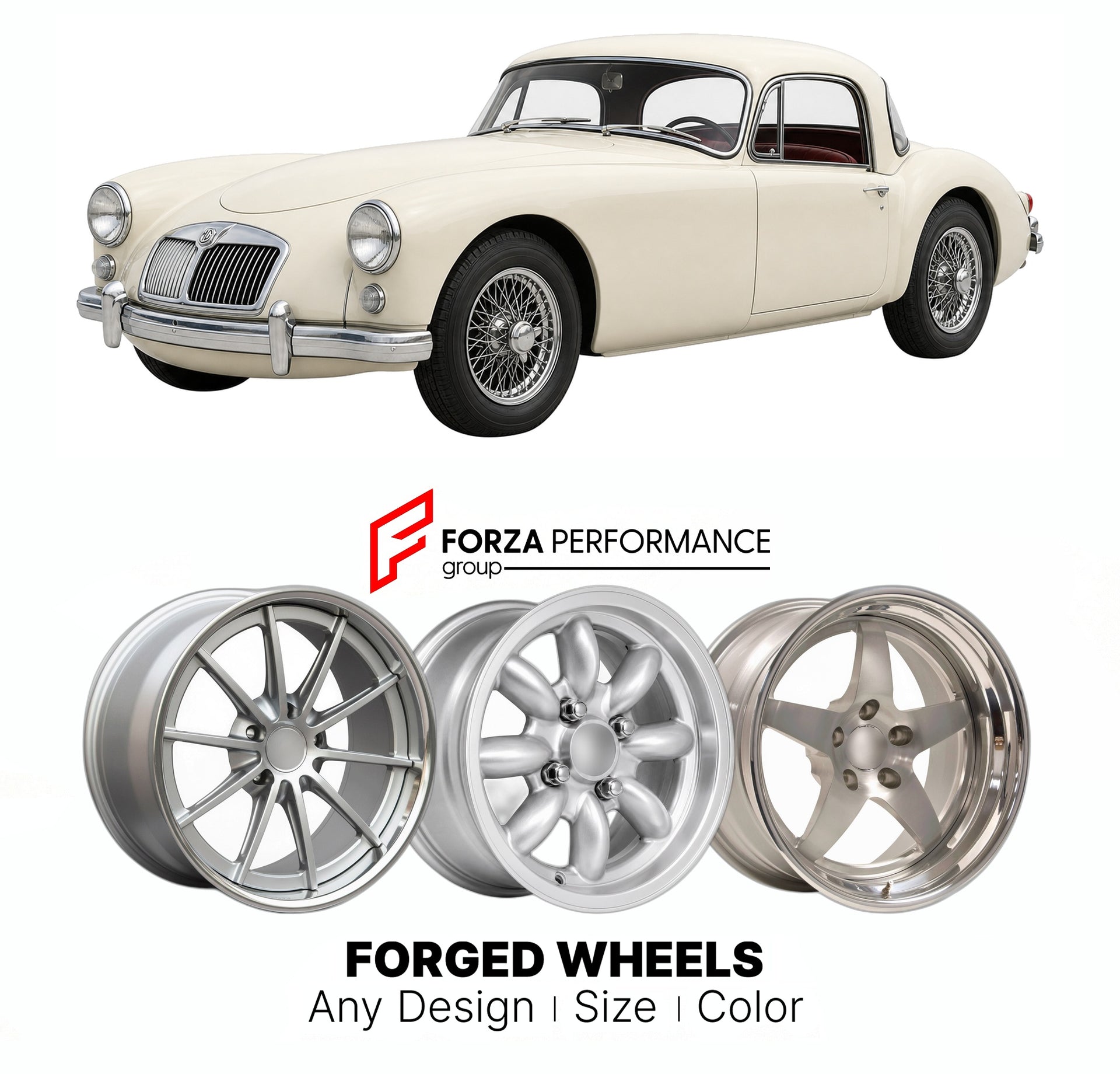 CUSTOM CLASSIC VINTAGE RESTOMOD RETRO OLD SCHOOL FORGED WHEELS RIMS for MG MGA 1955 - 1962

Custom forged wheels for MG MGA 1955 - 1962. Classic, vintage, restomod wheel designs made to order in custom sizes, offsets, colors and finishes.

We manufacture premium quality forged wheels rims for MG MGA 1955 - 1962 in any design, size, color.

THIS WHEEL DESIGN CAN BE CUSTOM-MADE FOR YOUR CAR IN ANY SIZE AND COLOR OPTIONS
Available in monoblock, 2-piece, 3-piece, duoblock, beadlock
3D wheel renderings are provi