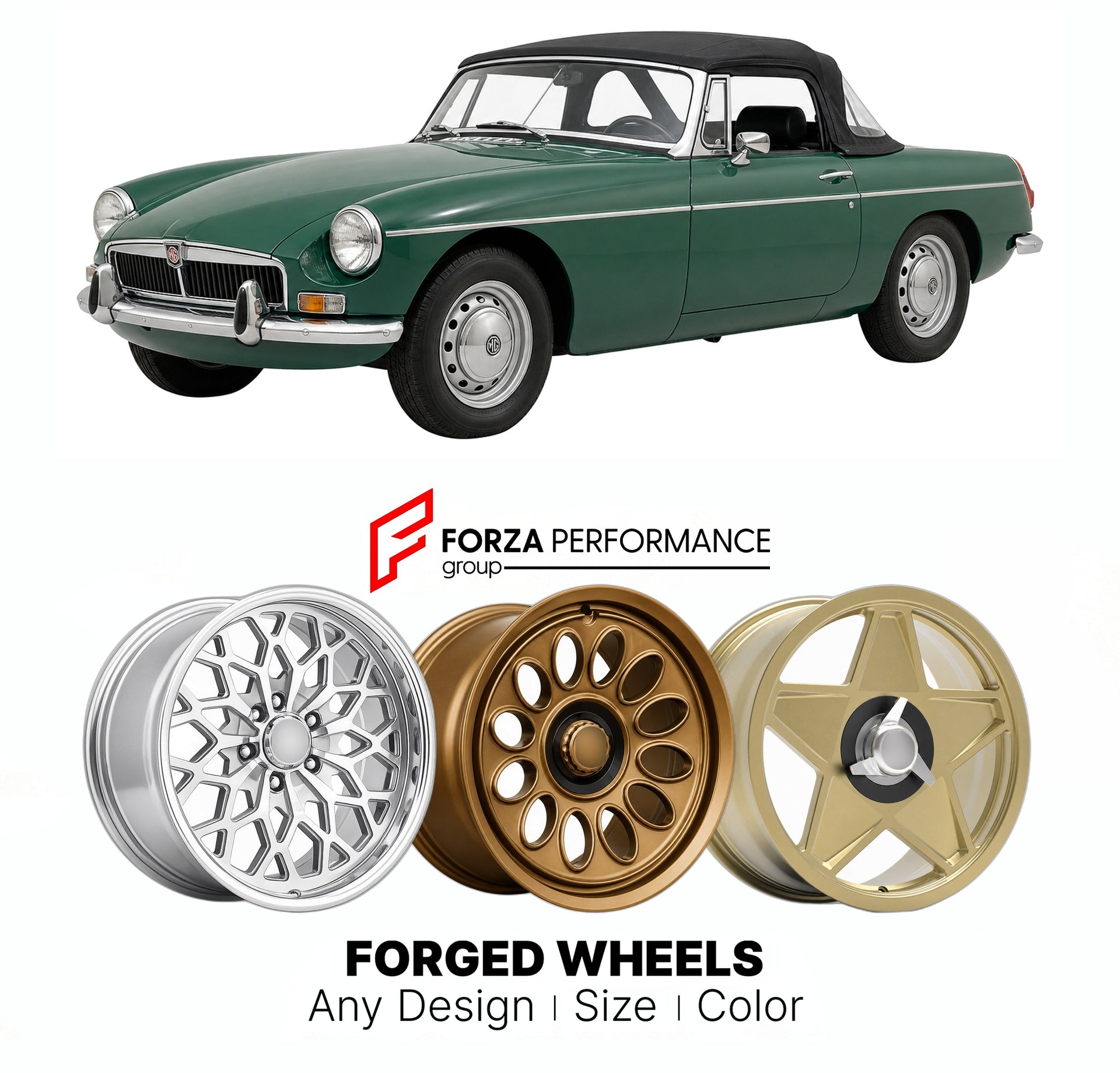 CUSTOM CLASSIC VINTAGE RESTOMOD RETRO OLD SCHOOL FORGED WHEELS RIMS for MG MGB 1962 - 1980

Custom forged wheels for MG MGB 1962 - 1980. Classic, vintage, restomod wheel designs made to order in custom sizes, offsets, colors and finishes.

We manufacture premium quality forged wheels rims for MG MGB 1962 - 1980 in any design, size, color.

THIS WHEEL DESIGN CAN BE CUSTOM-MADE FOR YOUR CAR IN ANY SIZE AND COLOR OPTIONS
Available in monoblock, 2-piece, 3-piece, duoblock, beadlock
3D wheel renderings are provi
