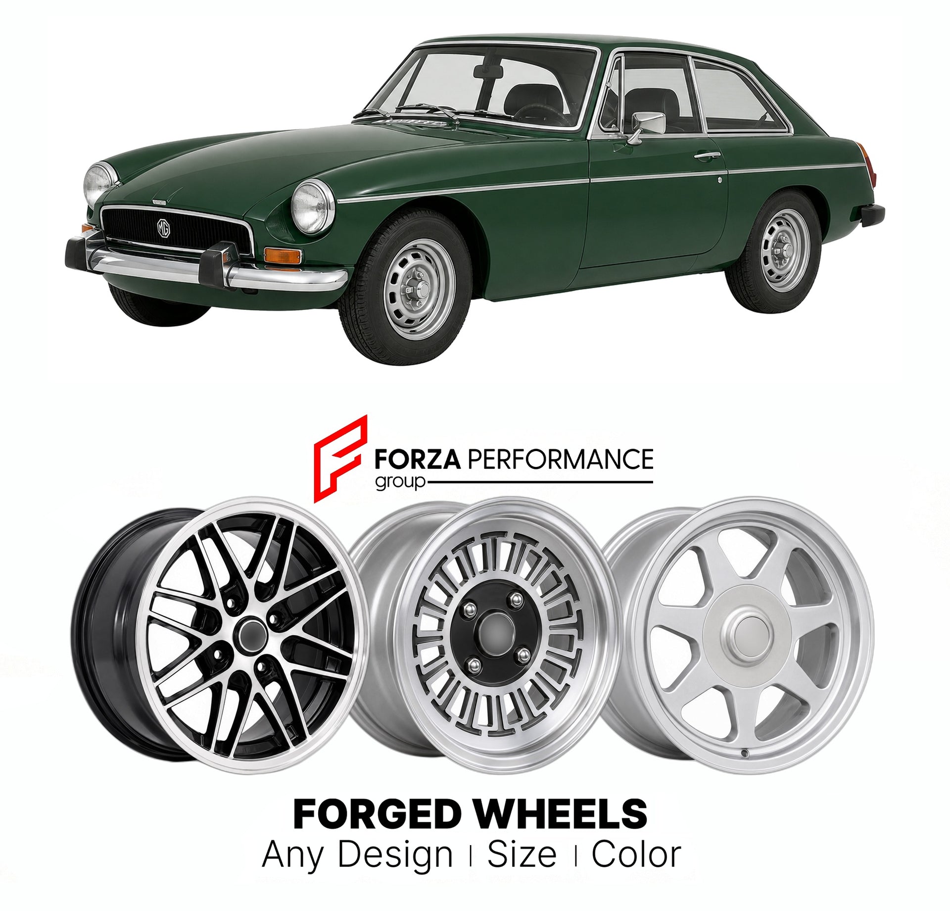 CUSTOM CLASSIC VINTAGE RESTOMOD RETRO OLD SCHOOL FORGED WHEELS RIMS for MG MGB GT 1965 - 1980

Custom forged wheels for MG MGB GT 1965 - 1980. Classic, vintage, restomod wheel designs made to order in custom sizes, offsets, colors and finishes.

We manufacture premium quality forged wheels rims for MG MGB GT 1965 - 1980 in any design, size, color.

THIS WHEEL DESIGN CAN BE CUSTOM-MADE FOR YOUR CAR IN ANY SIZE AND COLOR OPTIONS
Available in monoblock, 2-piece, 3-piece, duoblock, beadlock
3D wheel renderings 