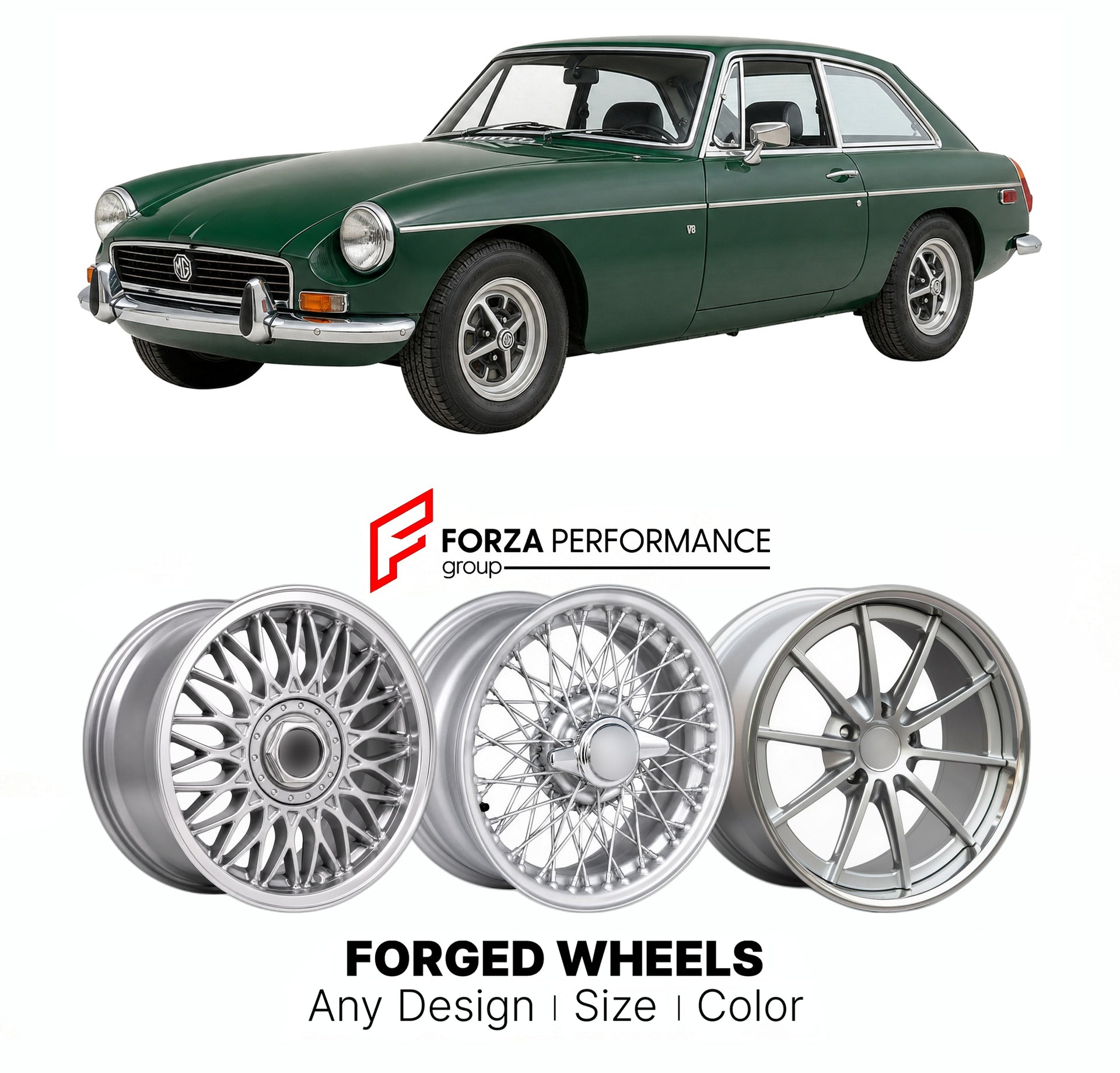 CUSTOM CLASSIC VINTAGE RESTOMOD RETRO OLD SCHOOL FORGED WHEELS RIMS for MG MGB GT V8 1973 - 1976

Custom forged wheels for MG MGB GT V8 1973 - 1976. Classic, vintage, restomod wheel designs made to order in custom sizes, offsets, colors and finishes.

We manufacture premium quality forged wheels rims for MG MGB GT V8 1973 - 1976 in any design, size, color.

THIS WHEEL DESIGN CAN BE CUSTOM-MADE FOR YOUR CAR IN ANY SIZE AND COLOR OPTIONS
Available in monoblock, 2-piece, 3-piece, duoblock, beadlock
3D wheel re