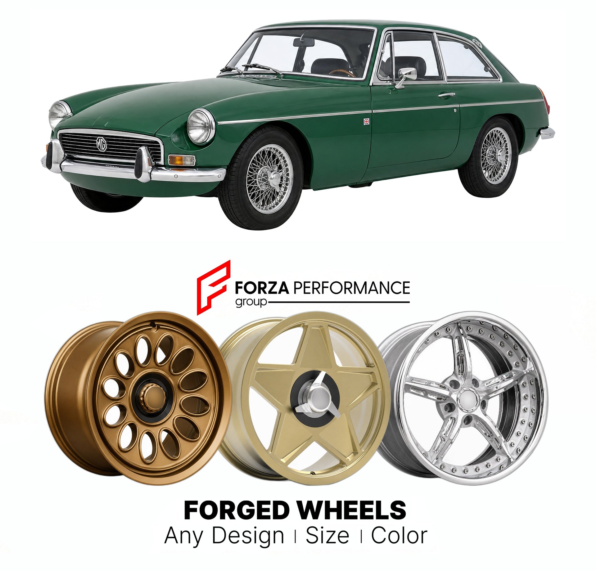 CUSTOM CLASSIC VINTAGE RESTOMOD RETRO OLD SCHOOL FORGED WHEELS RIMS for MG MGC DOWNTON 45 1968 - 1969

Custom forged wheels for MG MGC Downton 45 1968 - 1969. Classic, vintage, restomod wheel designs made to order in custom sizes, offsets, colors and finishes.

We manufacture premium quality forged wheels rims for MG MGC Downton 45 1968 - 1969 in any design, size, color.

THIS WHEEL DESIGN CAN BE CUSTOM-MADE FOR YOUR CAR IN ANY SIZE AND COLOR OPTIONS
Available in monoblock, 2-piece, 3-piece, duoblock, beadl