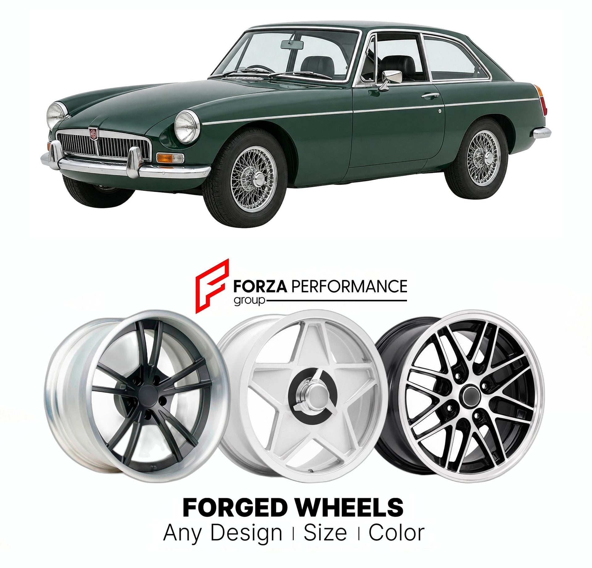 CUSTOM CLASSIC VINTAGE RESTOMOD RETRO OLD SCHOOL FORGED WHEELS RIMS for MG MGC GT 1967 - 1969

Custom forged wheels for MG MGC GT 1967 - 1969. Classic, vintage, restomod wheel designs made to order in custom sizes, offsets, colors and finishes.

We manufacture premium quality forged wheels rims for MG MGC GT 1967 - 1969 in any design, size, color.

THIS WHEEL DESIGN CAN BE CUSTOM-MADE FOR YOUR CAR IN ANY SIZE AND COLOR OPTIONS
Available in monoblock, 2-piece, 3-piece, duoblock, beadlock
3D wheel renderings 