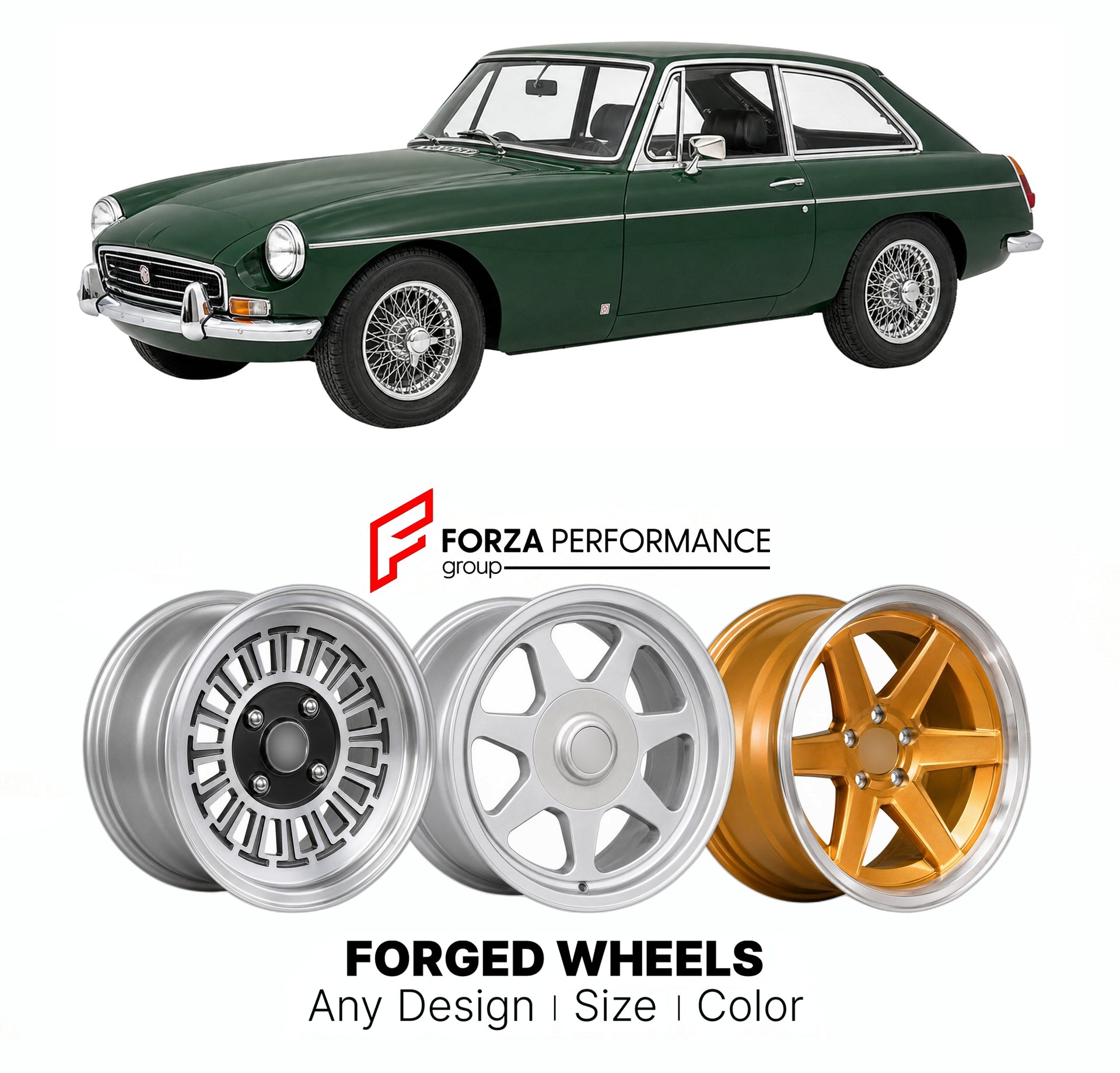 CUSTOM CLASSIC VINTAGE RESTOMOD RETRO OLD SCHOOL FORGED WHEELS RIMS for MG MGC GT C-SERIES 1967 - 1969

Custom forged wheels for MG MGC GT C-Series 1967 - 1969. Classic, vintage, restomod wheel designs made to order in custom sizes, offsets, colors and finishes.

We manufacture premium quality forged wheels rims for MG MGC GT C-Series 1967 - 1969 in any design, size, color.

THIS WHEEL DESIGN CAN BE CUSTOM-MADE FOR YOUR CAR IN ANY SIZE AND COLOR OPTIONS
Available in monoblock, 2-piece, 3-piece, duoblock, be