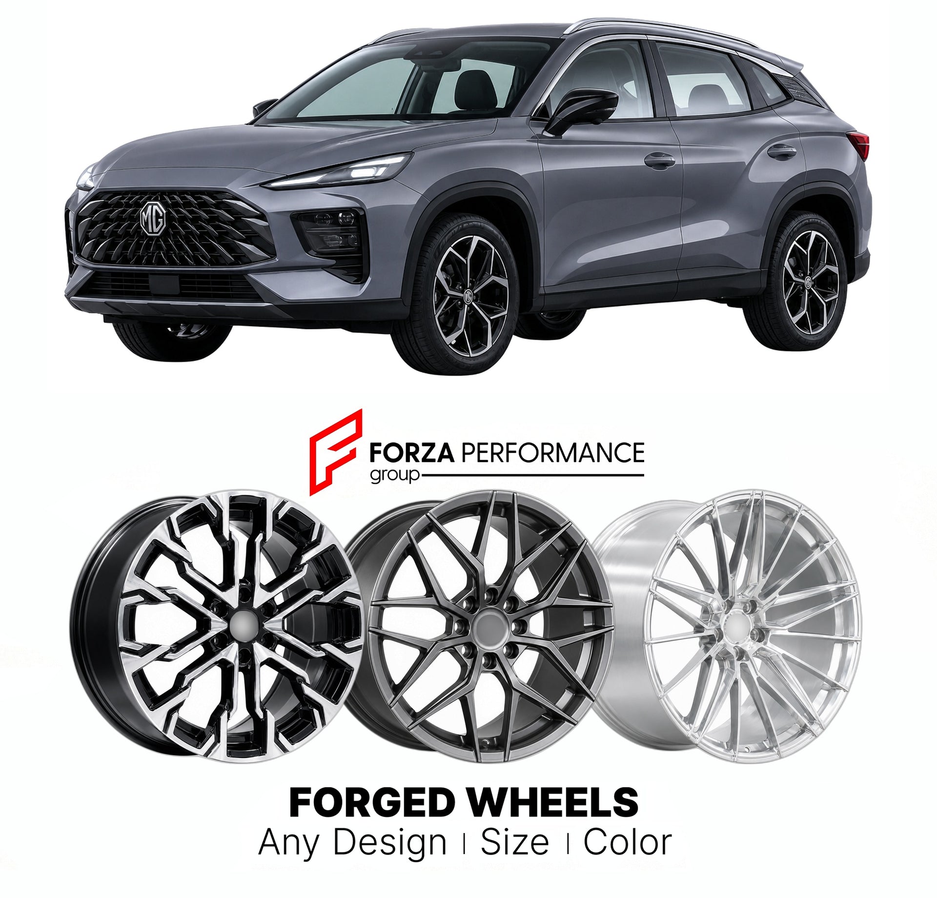 Custom forged wheels for MG ONE 2021+. Made-to-order monoblock, 2-piece and 3-piece wheels in custom sizes, offsets, colors and finishes with guaranteed vehicle fitment.

We manufacture premium quality forged wheels rims for MG ONE 2021+ in any design, size, color.

THIS WHEEL DESIGN CAN BE CUSTOM-MADE FOR YOUR CAR IN ANY SIZE AND COLOR OPTIONS
Available in monoblock, 2-piece, 3-piece, duoblock, beadlock
3D wheel renderings are provided according to the exact dimensions and specifications requested by the c