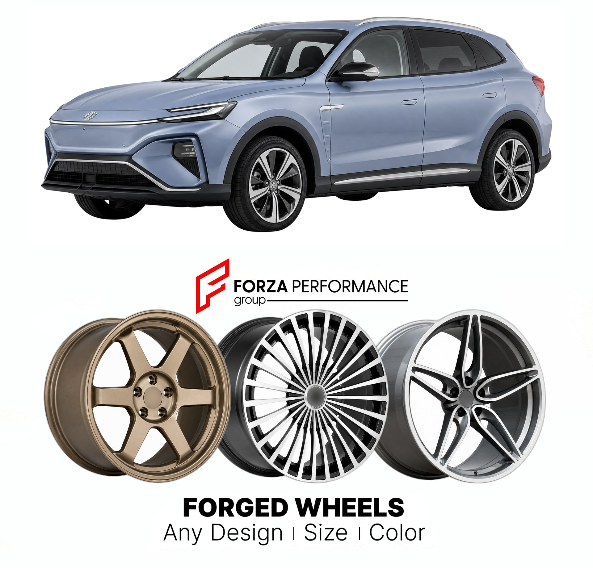 Custom forged wheels for MG Marvel R 2021 - 2024. Made-to-order monoblock, 2-piece and 3-piece wheels in custom sizes, offsets, colors and finishes with guaranteed vehicle fitment.

We manufacture premium quality forged wheels rims for MG Marvel R 2021 - 2024 in any design, size, color.

THIS WHEEL DESIGN CAN BE CUSTOM-MADE FOR YOUR CAR IN ANY SIZE AND COLOR OPTIONS
Available in monoblock, 2-piece, 3-piece, duoblock, beadlock
3D wheel renderings are provided according to the exact dimensions and specificati