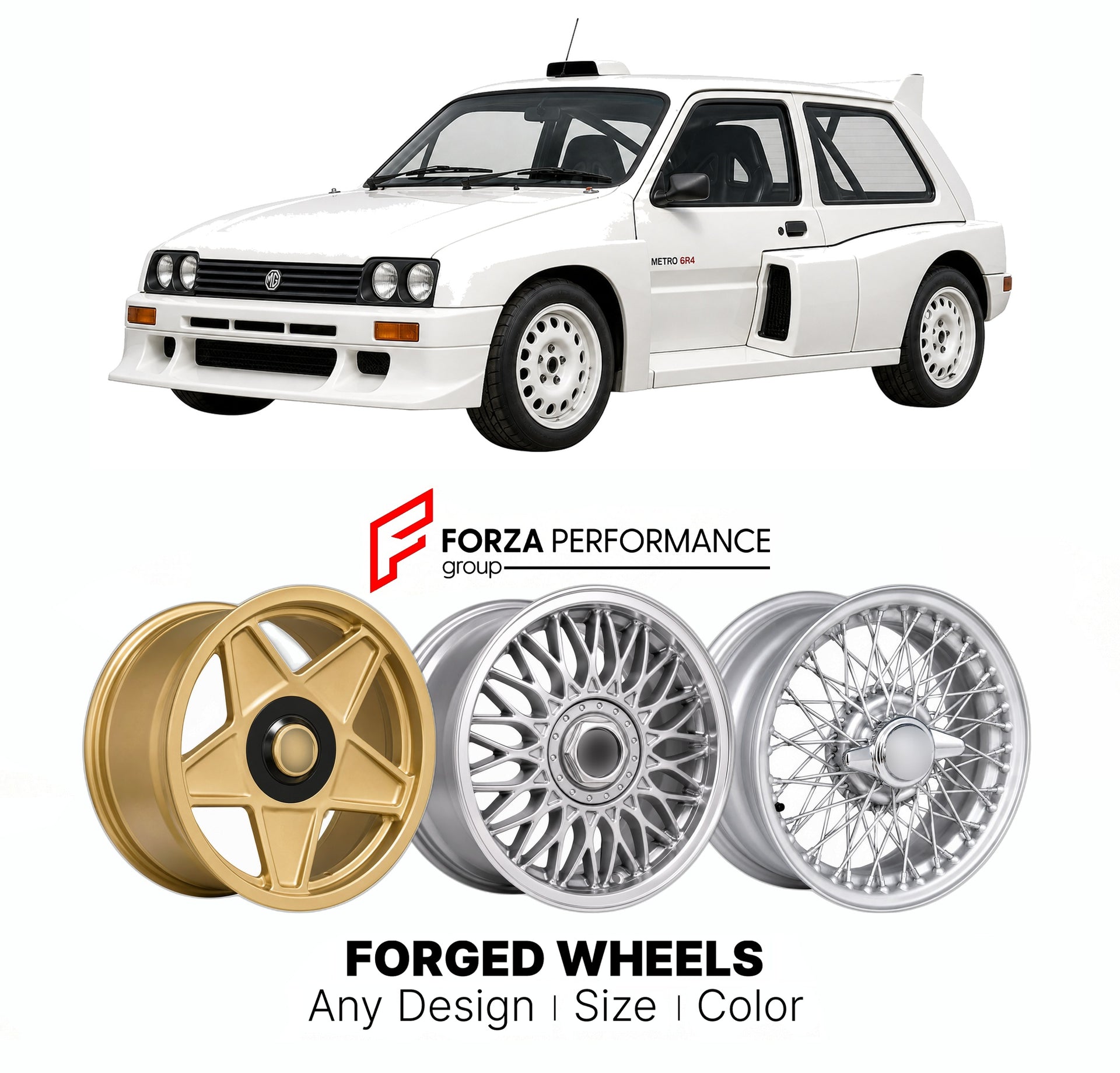 CUSTOM CLASSIC VINTAGE RESTOMOD RETRO OLD SCHOOL FORGED WHEELS RIMS for MG METRO 6R4 GROUP B 1984 - 1987

Custom forged wheels for MG Metro 6R4 Group B 1984 - 1987. Classic, vintage, restomod wheel designs made to order in custom sizes, offsets, colors and finishes.

We manufacture premium quality forged wheels rims for MG Metro 6R4 Group B 1984 - 1987 in any design, size, color.

THIS WHEEL DESIGN CAN BE CUSTOM-MADE FOR YOUR CAR IN ANY SIZE AND COLOR OPTIONS
Available in monoblock, 2-piece, 3-piece, duoblo