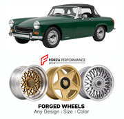 CUSTOM CLASSIC VINTAGE RESTOMOD RETRO OLD SCHOOL FORGED WHEELS RIMS for MG MIDGET 1275 MK III 1966 - 1974

Custom forged wheels for MG Midget 1275 MK III 1966 - 1974. Classic, vintage, restomod wheel designs made to order in custom sizes, offsets, colors and finishes.

We manufacture premium quality forged wheels rims for MG Midget 1275 MK III 1966 - 1974 in any design, size, color.

THIS WHEEL DESIGN CAN BE CUSTOM-MADE FOR YOUR CAR IN ANY SIZE AND COLOR OPTIONS
Available in monoblock, 2-piece, 3-piece, duo