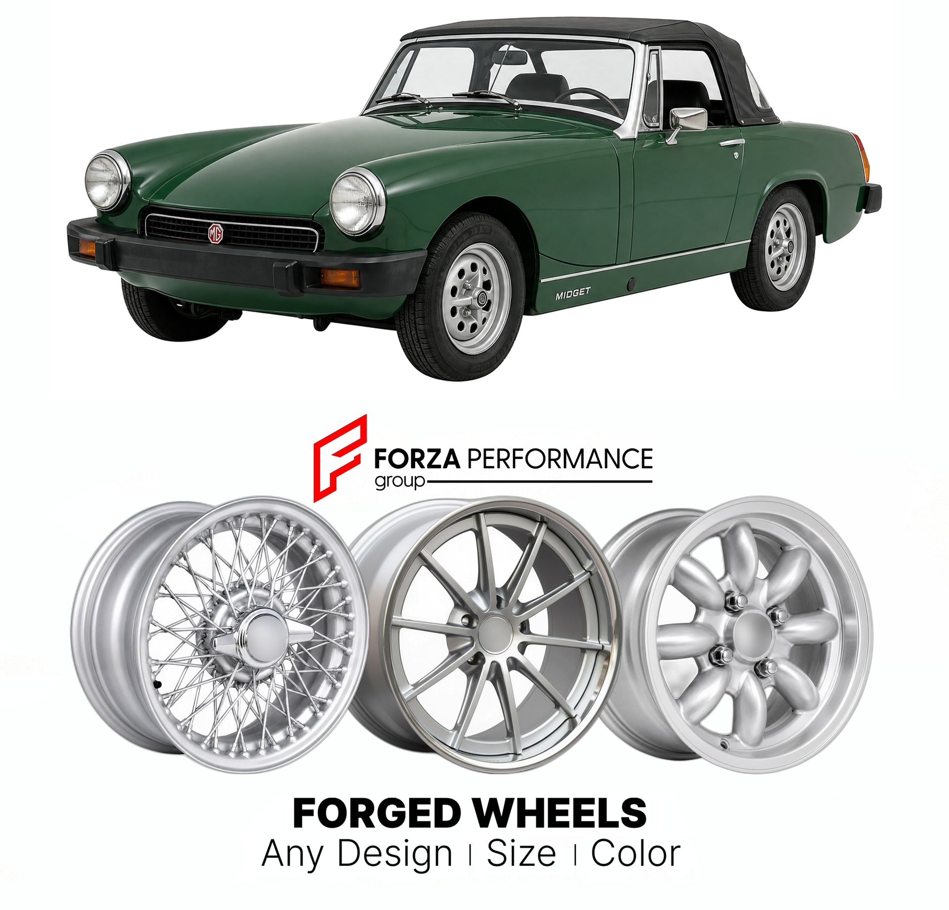 CUSTOM CLASSIC VINTAGE RESTOMOD RETRO OLD SCHOOL FORGED WHEELS RIMS for MG MIDGET 1500 1974 - 1979

Custom forged wheels for MG Midget 1500 1974 - 1979. Classic, vintage, restomod wheel designs made to order in custom sizes, offsets, colors and finishes.

We manufacture premium quality forged wheels rims for MG Midget 1500 1974 - 1979 in any design, size, color.

THIS WHEEL DESIGN CAN BE CUSTOM-MADE FOR YOUR CAR IN ANY SIZE AND COLOR OPTIONS
Available in monoblock, 2-piece, 3-piece, duoblock, beadlock
3D wh