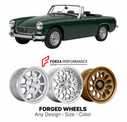 CUSTOM CLASSIC VINTAGE RESTOMOD RETRO OLD SCHOOL FORGED WHEELS RIMS for MG MIDGET MK I-MK IV 1961 - 1979

Custom forged wheels for MG Midget MK I-MK IV 1961 - 1979. Classic, vintage, restomod wheel designs made to order in custom sizes, offsets, colors and finishes.

We manufacture premium quality forged wheels rims for MG Midget MK I-MK IV 1961 - 1979 in any design, size, color.

THIS WHEEL DESIGN CAN BE CUSTOM-MADE FOR YOUR CAR IN ANY SIZE AND COLOR OPTIONS
Available in monoblock, 2-piece, 3-piece, duoblo