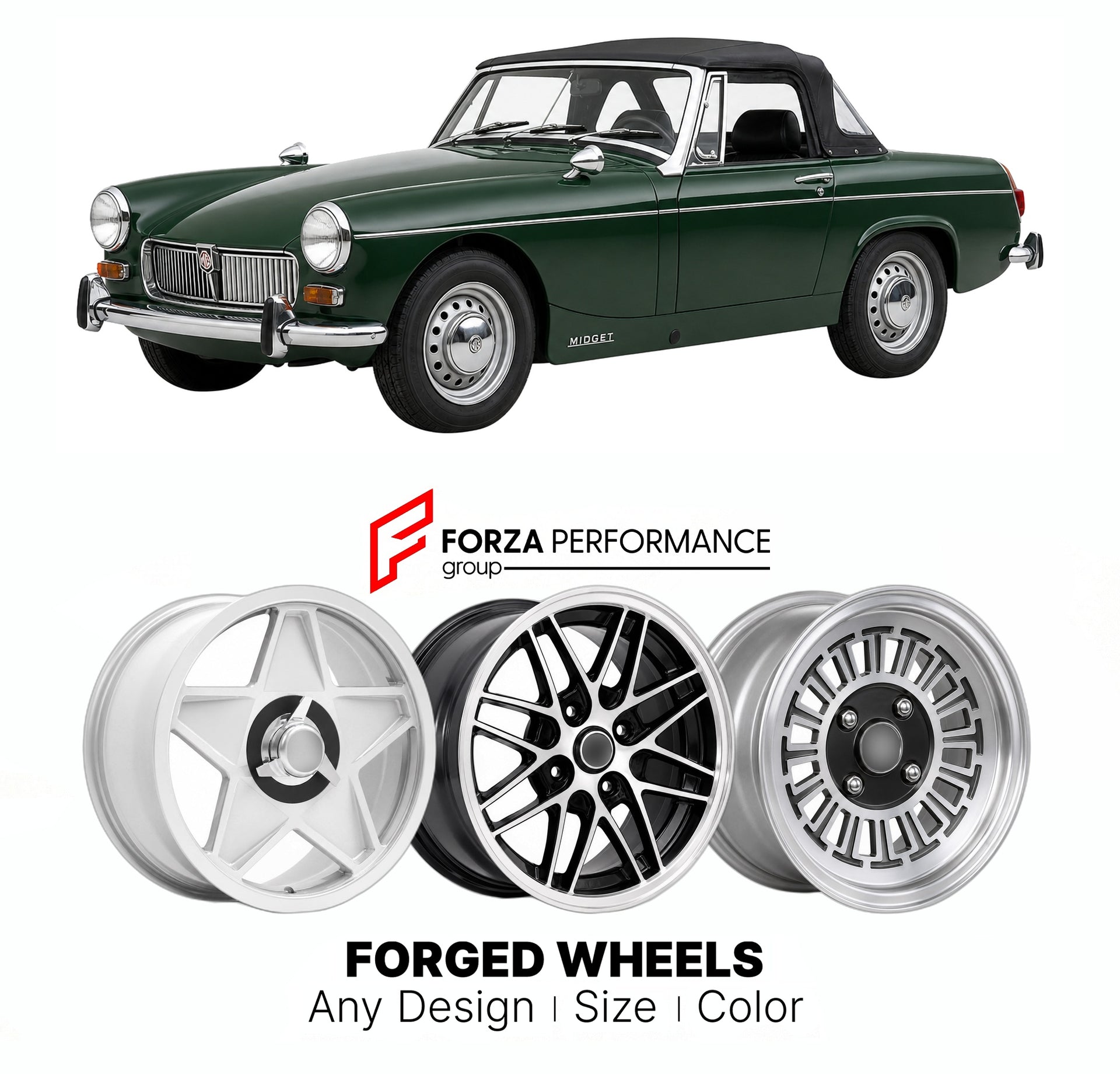 CUSTOM CLASSIC VINTAGE RESTOMOD RETRO OLD SCHOOL FORGED WHEELS RIMS for MG MIDGET MK III 1966 - 1974

Custom forged wheels for MG Midget MK III 1966 - 1974. Classic, vintage, restomod wheel designs made to order in custom sizes, offsets, colors and finishes.

We manufacture premium quality forged wheels rims for MG Midget MK III 1966 - 1974 in any design, size, color.

THIS WHEEL DESIGN CAN BE CUSTOM-MADE FOR YOUR CAR IN ANY SIZE AND COLOR OPTIONS
Available in monoblock, 2-piece, 3-piece, duoblock, beadlock