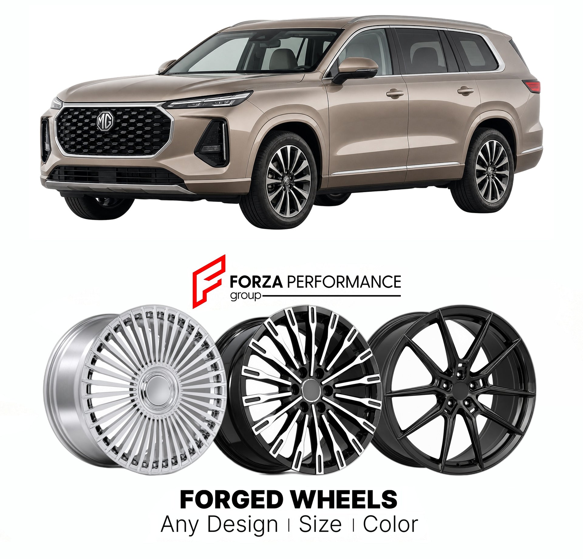 Custom forged wheels for MG QS 2025+. Made-to-order monoblock, 2-piece and 3-piece wheels in custom sizes, offsets, colors and finishes with guaranteed vehicle fitment.

We manufacture premium quality forged wheels rims for MG QS 2025+ in any design, size, color.

THIS WHEEL DESIGN CAN BE CUSTOM-MADE FOR YOUR CAR IN ANY SIZE AND COLOR OPTIONS
Available in monoblock, 2-piece, 3-piece, duoblock, beadlock
3D wheel renderings are provided according to the exact dimensions and specifications requested by the cli