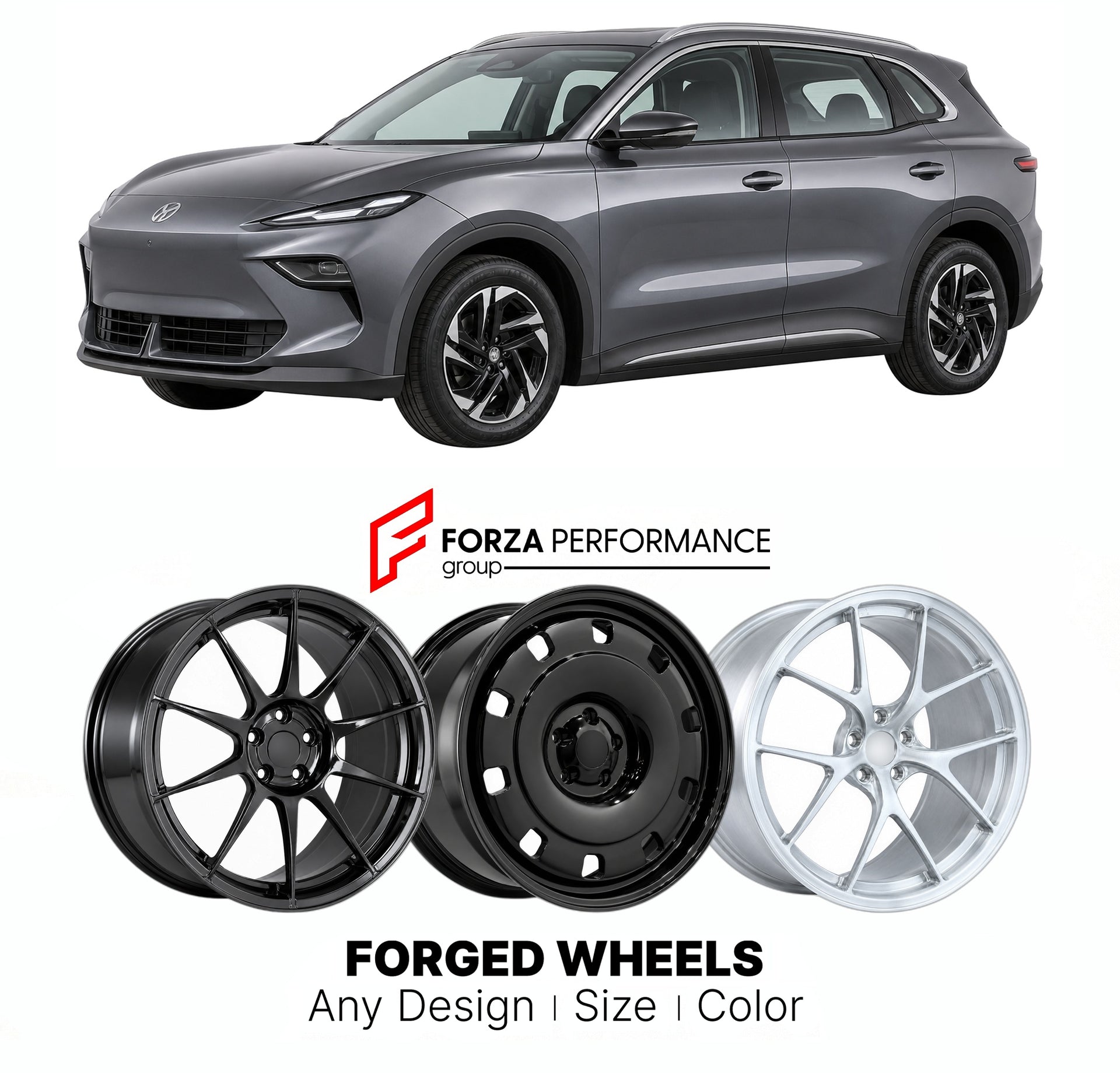 Custom forged wheels for MG S5 EV 2025+. Made-to-order monoblock, 2-piece and 3-piece wheels in custom sizes, offsets, colors and finishes with guaranteed vehicle fitment.

We manufacture premium quality forged wheels rims for MG S5 EV 2025+ in any design, size, color.

THIS WHEEL DESIGN CAN BE CUSTOM-MADE FOR YOUR CAR IN ANY SIZE AND COLOR OPTIONS
Available in monoblock, 2-piece, 3-piece, duoblock, beadlock
3D wheel renderings are provided according to the exact dimensions and specifications requested by t