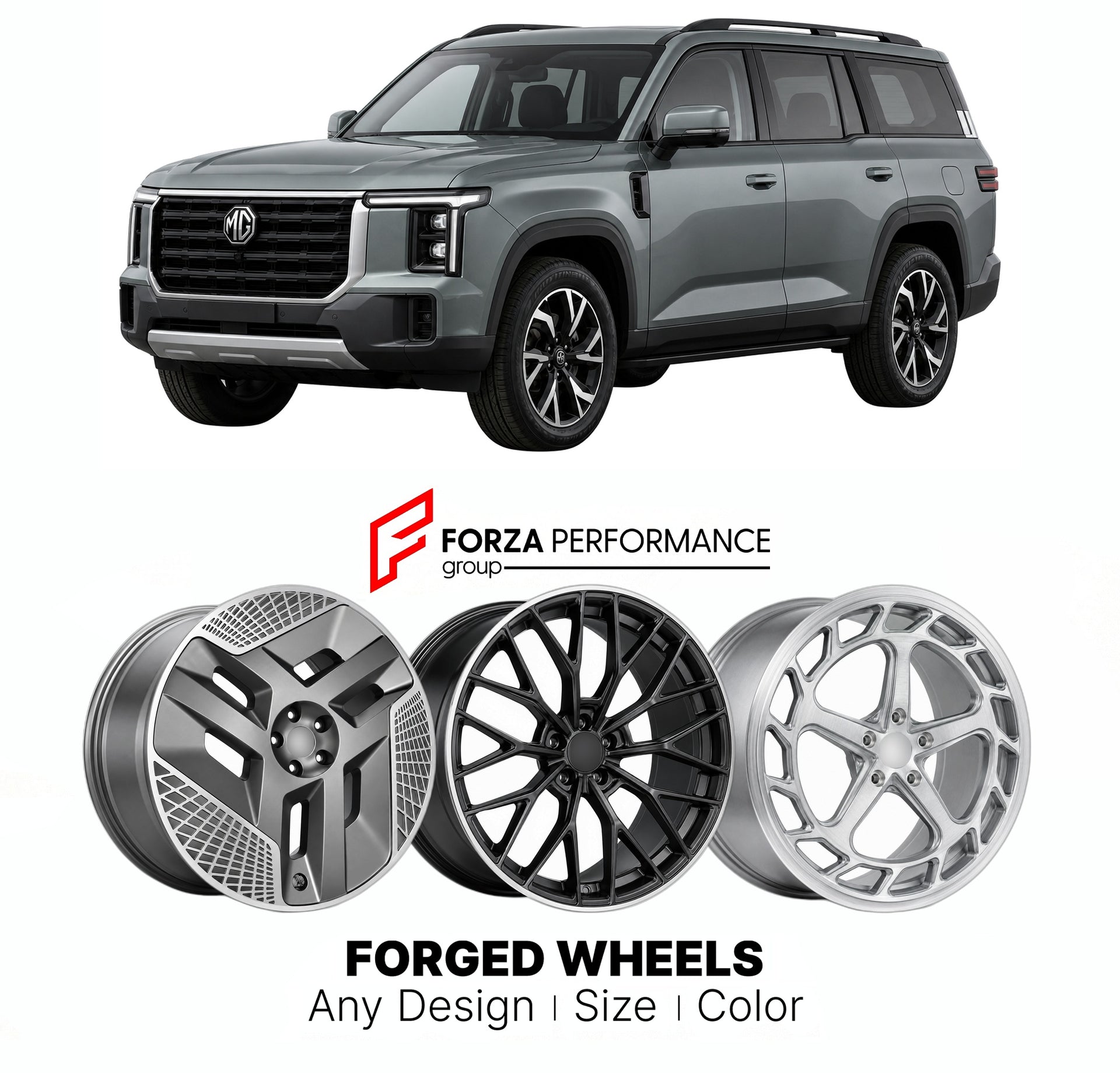 Custom forged wheels for MG U9 2025+. Made-to-order monoblock, 2-piece and 3-piece wheels in custom sizes, offsets, colors and finishes with guaranteed vehicle fitment.

We manufacture premium quality forged wheels rims for MG U9 2025+ in any design, size, color.

THIS WHEEL DESIGN CAN BE CUSTOM-MADE FOR YOUR CAR IN ANY SIZE AND COLOR OPTIONS
Available in monoblock, 2-piece, 3-piece, duoblock, beadlock
3D wheel renderings are provided according to the exact dimensions and specifications requested by the cli