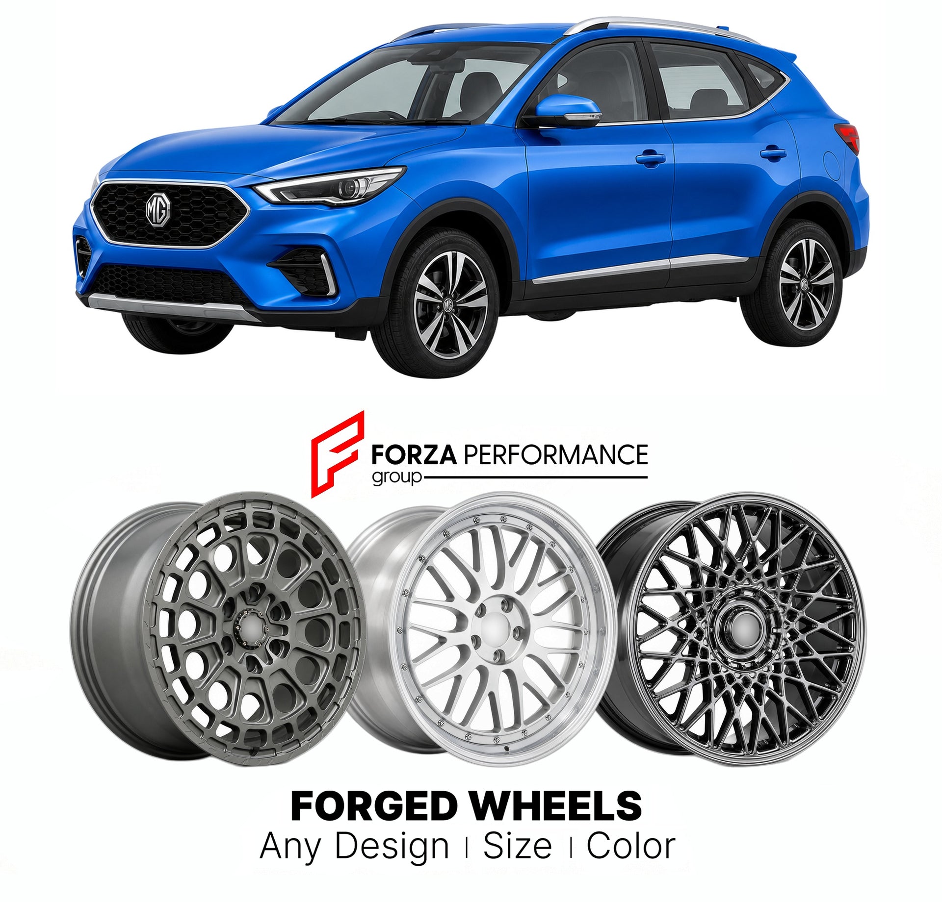 Custom forged wheels for MG ZS 2024+. Made-to-order monoblock, 2-piece and 3-piece wheels in custom sizes, offsets, colors and finishes with guaranteed vehicle fitment.

We manufacture premium quality forged wheels rims for MG ZS 2024+ in any design, size, color.

THIS WHEEL DESIGN CAN BE CUSTOM-MADE FOR YOUR CAR IN ANY SIZE AND COLOR OPTIONS
Available in monoblock, 2-piece, 3-piece, duoblock, beadlock
3D wheel renderings are provided according to the exact dimensions and specifications requested by the cli