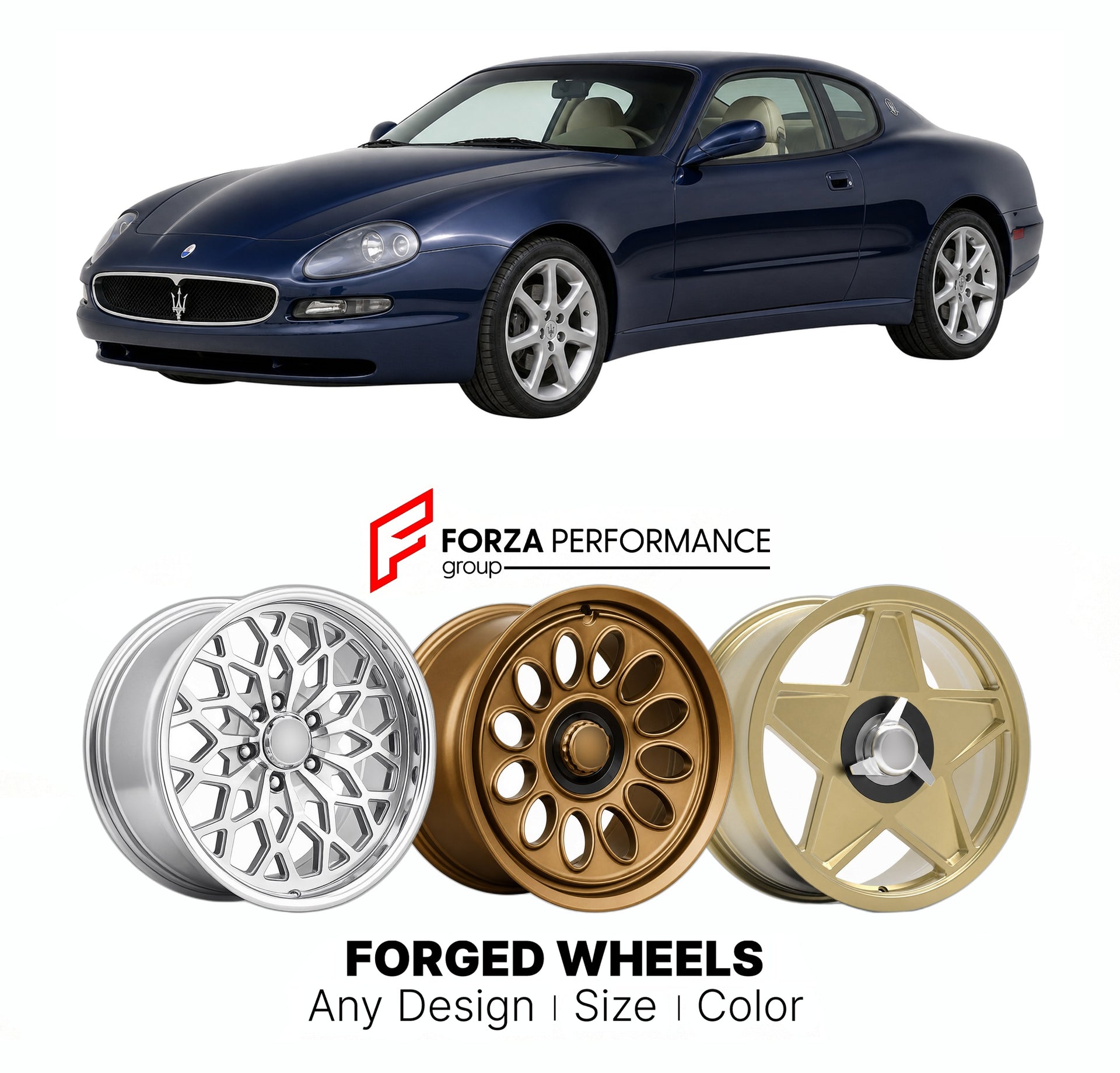CUSTOM CLASSIC VINTAGE RESTOMOD RETRO OLD SCHOOL FORGED WHEELS RIMS for MASERATI 3200 GT 1998 - 2002

Custom forged wheels for Maserati 3200 GT 1998 - 2002. Classic, vintage, restomod wheel designs made to order in custom sizes, offsets, colors and finishes.

We manufacture premium quality forged wheels rims for Maserati 3200 GT 1998 - 2002 in any design, size, color.

THIS WHEEL DESIGN CAN BE CUSTOM-MADE FOR YOUR CAR IN ANY SIZE AND COLOR OPTIONS
Available in monoblock, 2-piece, 3-piece, duoblock, beadlock