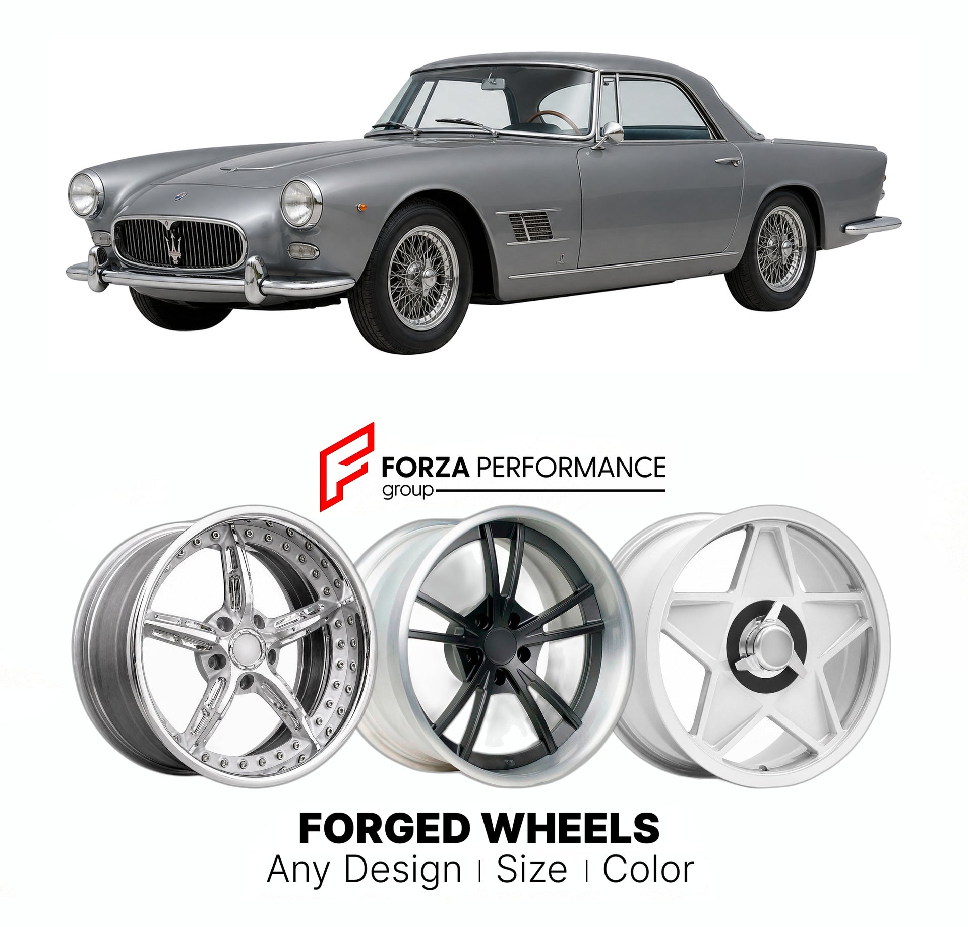CUSTOM CLASSIC VINTAGE RESTOMOD RETRO OLD SCHOOL FORGED WHEELS RIMS for MASERATI 3500 GT 1957 - 1964

Custom forged wheels for Maserati 3500 GT 1957 - 1964. Classic, vintage, restomod wheel designs made to order in custom sizes, offsets, colors and finishes.

We manufacture premium quality forged wheels rims for Maserati 3500 GT 1957 - 1964 in any design, size, color.

THIS WHEEL DESIGN CAN BE CUSTOM-MADE FOR YOUR CAR IN ANY SIZE AND COLOR OPTIONS
Available in monoblock, 2-piece, 3-piece, duoblock, beadlock