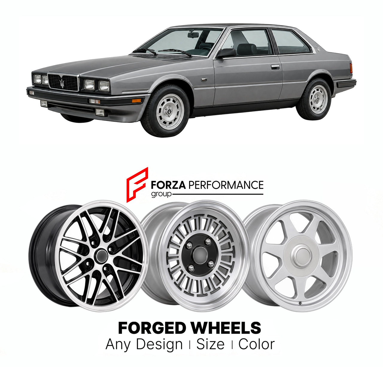 CUSTOM CLASSIC VINTAGE RESTOMOD RETRO OLD SCHOOL FORGED WHEELS RIMS for MASERATI BITURBO 1981 - 1994

Custom forged wheels for Maserati Biturbo 1981 - 1994. Classic, vintage, restomod wheel designs made to order in custom sizes, offsets, colors and finishes.

We manufacture premium quality forged wheels rims for Maserati Biturbo 1981 - 1994 in any design, size, color.

THIS WHEEL DESIGN CAN BE CUSTOM-MADE FOR YOUR CAR IN ANY SIZE AND COLOR OPTIONS
Available in monoblock, 2-piece, 3-piece, duoblock, beadlock
