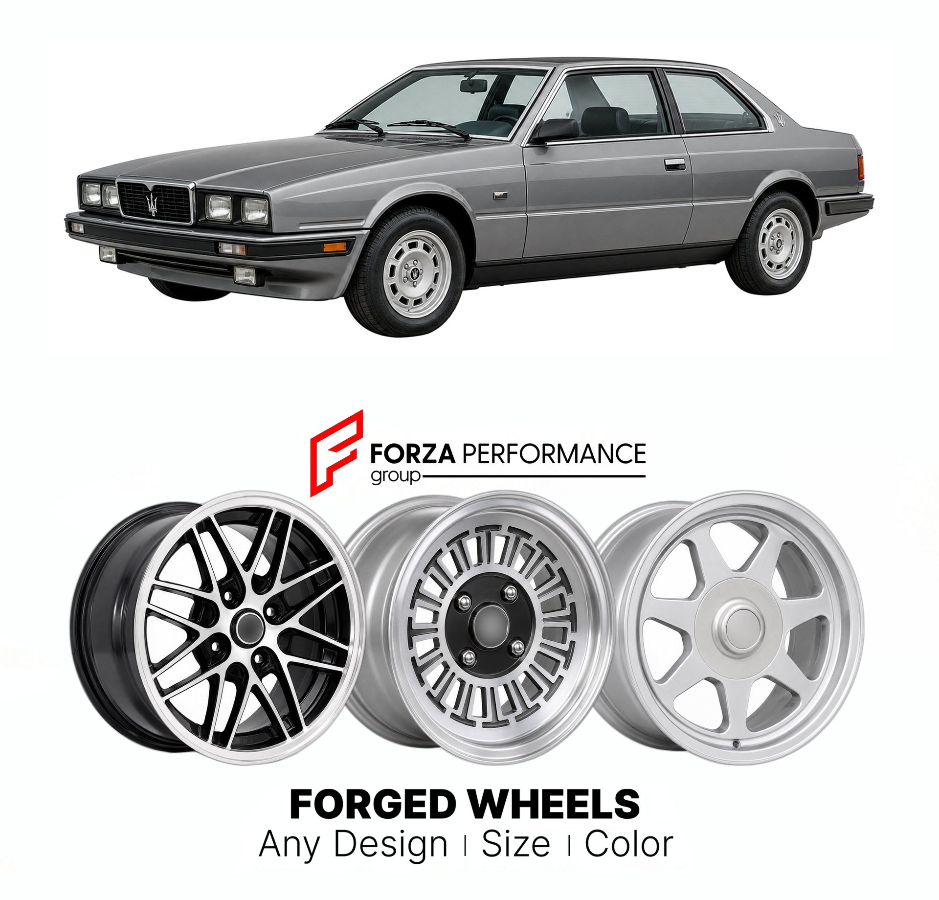 CUSTOM CLASSIC VINTAGE RESTOMOD RETRO OLD SCHOOL FORGED WHEELS RIMS for MASERATI BITURBO 1981 - 1994

Custom forged wheels for Maserati Biturbo 1981 - 1994. Classic, vintage, restomod wheel designs made to order in custom sizes, offsets, colors and finishes.

We manufacture premium quality forged wheels rims for Maserati Biturbo 1981 - 1994 in any design, size, color.

THIS WHEEL DESIGN CAN BE CUSTOM-MADE FOR YOUR CAR IN ANY SIZE AND COLOR OPTIONS
Available in monoblock, 2-piece, 3-piece, duoblock, beadlock