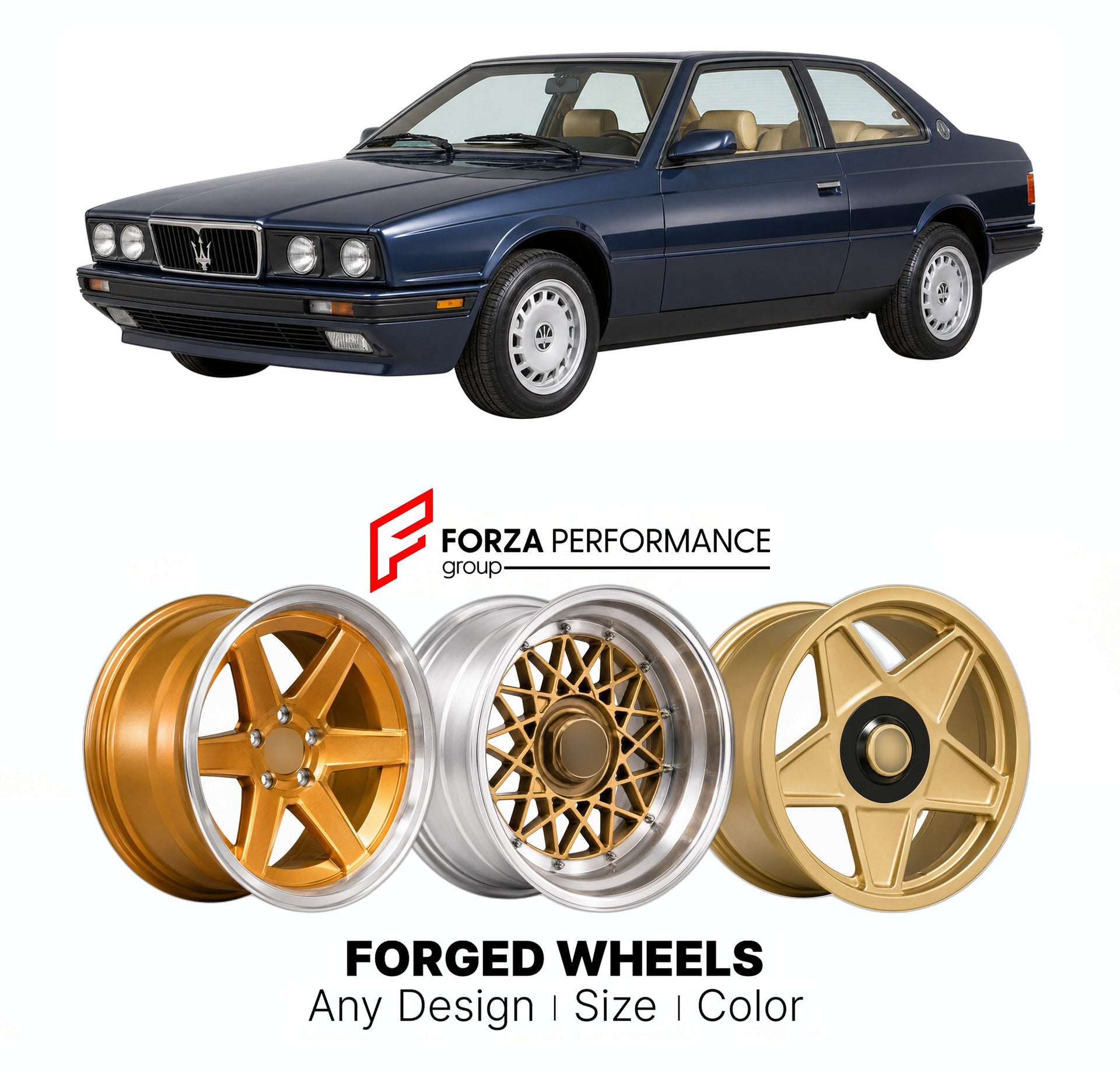 CUSTOM CLASSIC VINTAGE RESTOMOD RETRO OLD SCHOOL FORGED WHEELS RIMS for MASERATI BITURBO 222 4V 1991 - 1992

Custom forged wheels for Maserati Biturbo 222 4V 1991 - 1992. Classic, vintage, restomod wheel designs made to order in custom sizes, offsets, colors and finishes.

We manufacture premium quality forged wheels rims for Maserati Biturbo 222 4V 1991 - 1992 in any design, size, color.

THIS WHEEL DESIGN CAN BE CUSTOM-MADE FOR YOUR CAR IN ANY SIZE AND COLOR OPTIONS
Available in monoblock, 2-piece, 3-piec