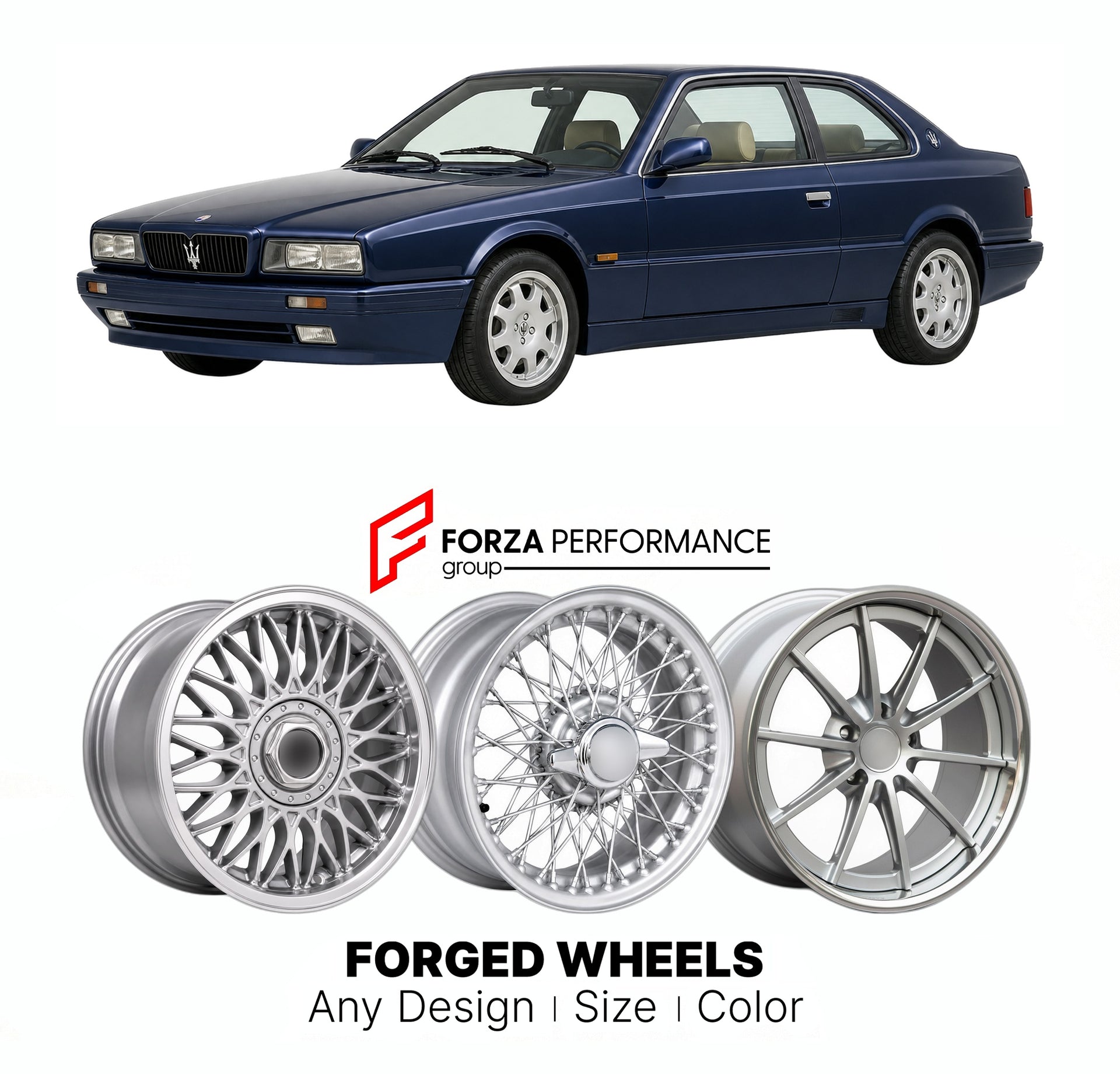CUSTOM CLASSIC VINTAGE RESTOMOD RETRO OLD SCHOOL FORGED WHEELS RIMS for MASERATI BITURBO 222 4V 1991 - 1994

Custom forged wheels for Maserati Biturbo 222 4V 1991 - 1994. Classic, vintage, restomod wheel designs made to order in custom sizes, offsets, colors and finishes.

We manufacture premium quality forged wheels rims for Maserati Biturbo 222 4V 1991 - 1994 in any design, size, color.

THIS WHEEL DESIGN CAN BE CUSTOM-MADE FOR YOUR CAR IN ANY SIZE AND COLOR OPTIONS
Available in monoblock, 2-piece, 3-piec