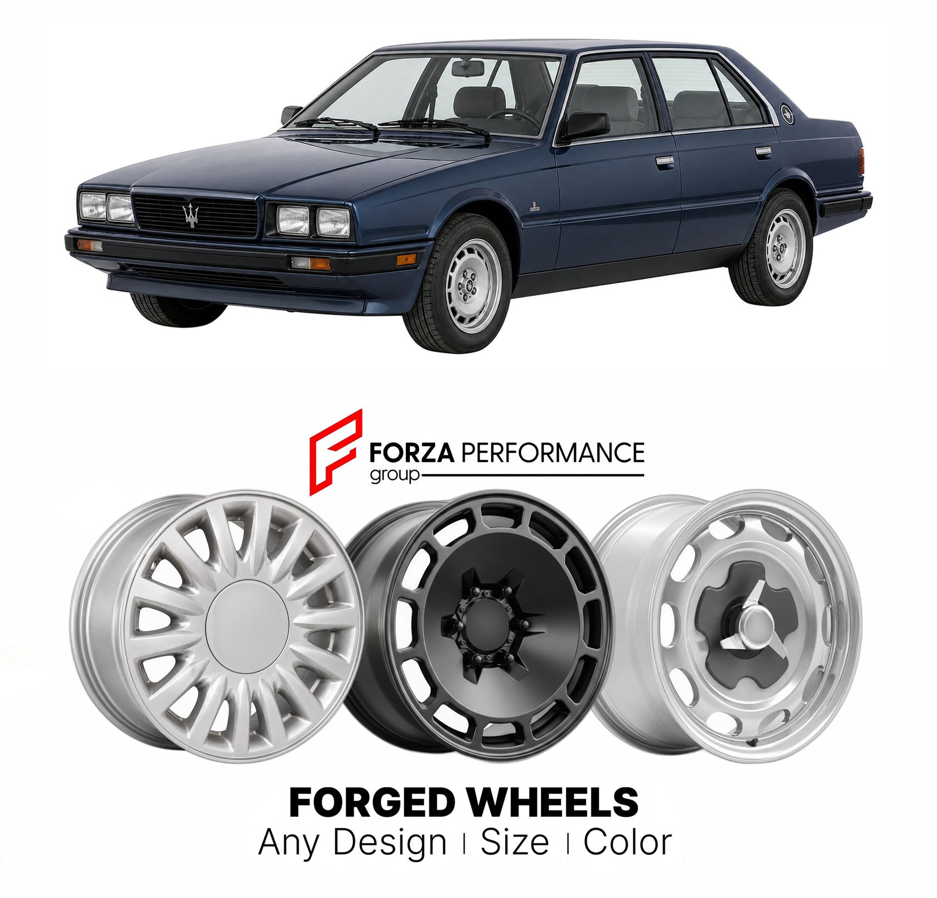 CUSTOM CLASSIC VINTAGE RESTOMOD RETRO OLD SCHOOL FORGED WHEELS RIMS for MASERATI BITURBO 425 430 1983 - 1994

Custom forged wheels for Maserati Biturbo 425 430 1983 - 1994. Classic, vintage, restomod wheel designs made to order in custom sizes, offsets, colors and finishes.

We manufacture premium quality forged wheels rims for Maserati Biturbo 425 430 1983 - 1994 in any design, size, color.

THIS WHEEL DESIGN CAN BE CUSTOM-MADE FOR YOUR CAR IN ANY SIZE AND COLOR OPTIONS
Available in monoblock, 2-piece, 3-p