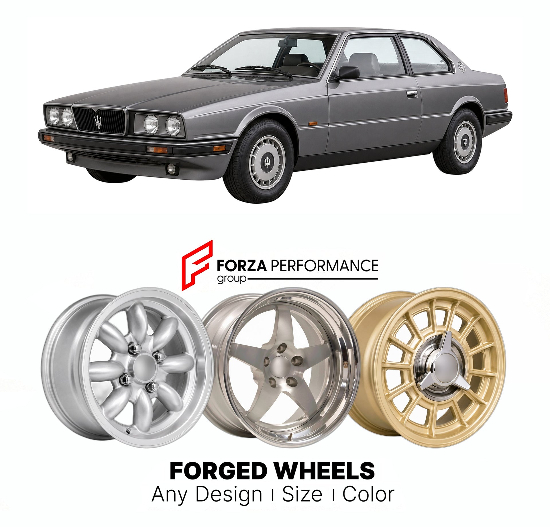CUSTOM CLASSIC VINTAGE RESTOMOD RETRO OLD SCHOOL FORGED WHEELS RIMS for MASERATI BITURBO COUPE 1981 - 1994

Custom forged wheels for Maserati Biturbo Coupe 1981 - 1994. Classic, vintage, restomod wheel designs made to order in custom sizes, offsets, colors and finishes.

We manufacture premium quality forged wheels rims for Maserati Biturbo Coupe 1981 - 1994 in any design, size, color.

THIS WHEEL DESIGN CAN BE CUSTOM-MADE FOR YOUR CAR IN ANY SIZE AND COLOR OPTIONS
Available in monoblock, 2-piece, 3-piece, 
