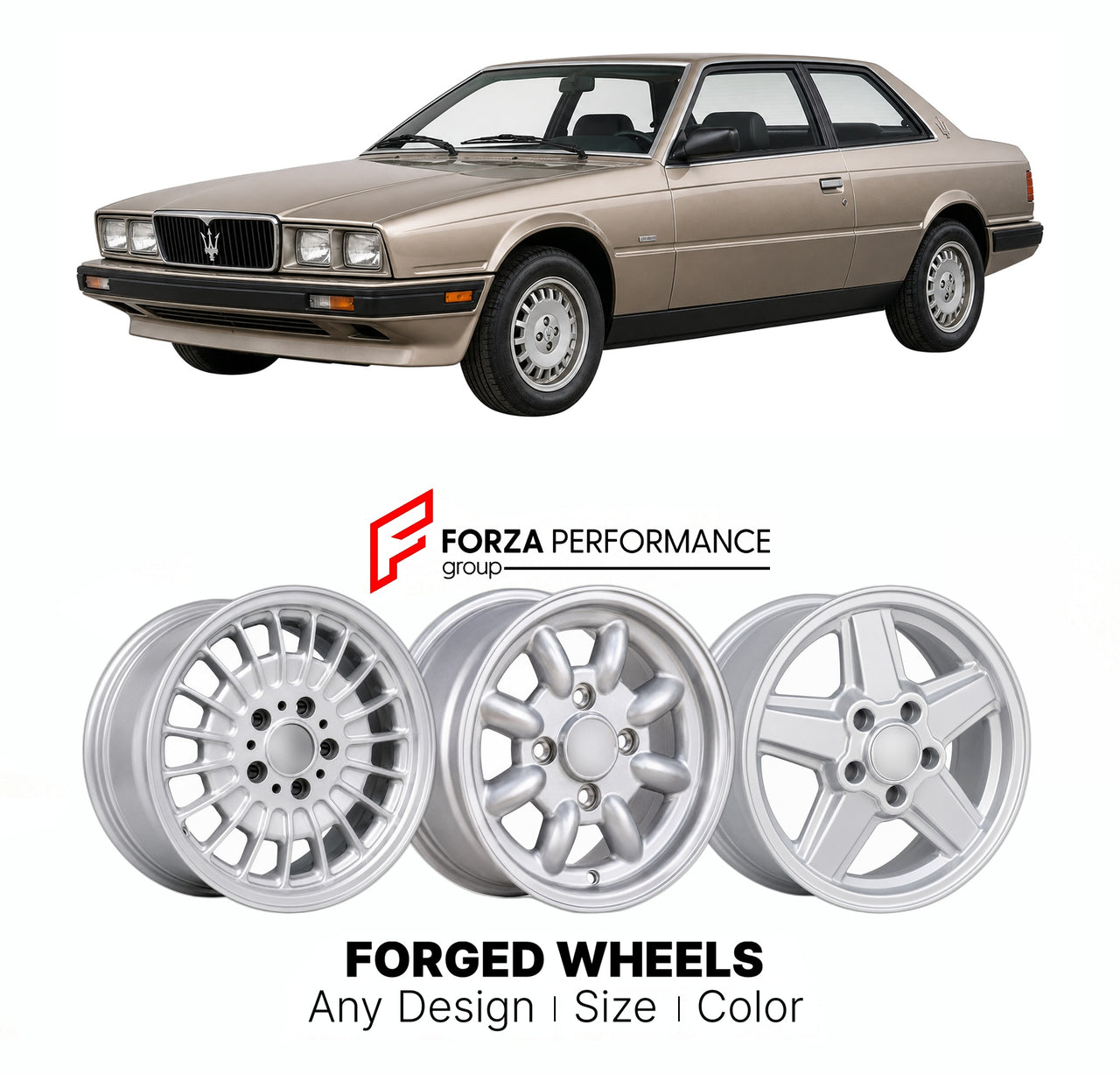 CUSTOM CLASSIC VINTAGE RESTOMOD RETRO OLD SCHOOL FORGED WHEELS RIMS for MASERATI BITURBO TIPO AM331 1981 - 1994

Custom forged wheels for Maserati Biturbo Tipo AM331 1981 - 1994. Classic, vintage, restomod wheel designs made to order in custom sizes, offsets, colors and finishes.

We manufacture premium quality forged wheels rims for Maserati Biturbo Tipo AM331 1981 - 1994 in any design, size, color.

THIS WHEEL DESIGN CAN BE CUSTOM-MADE FOR YOUR CAR IN ANY SIZE AND COLOR OPTIONS
Available in monoblock, 2-p