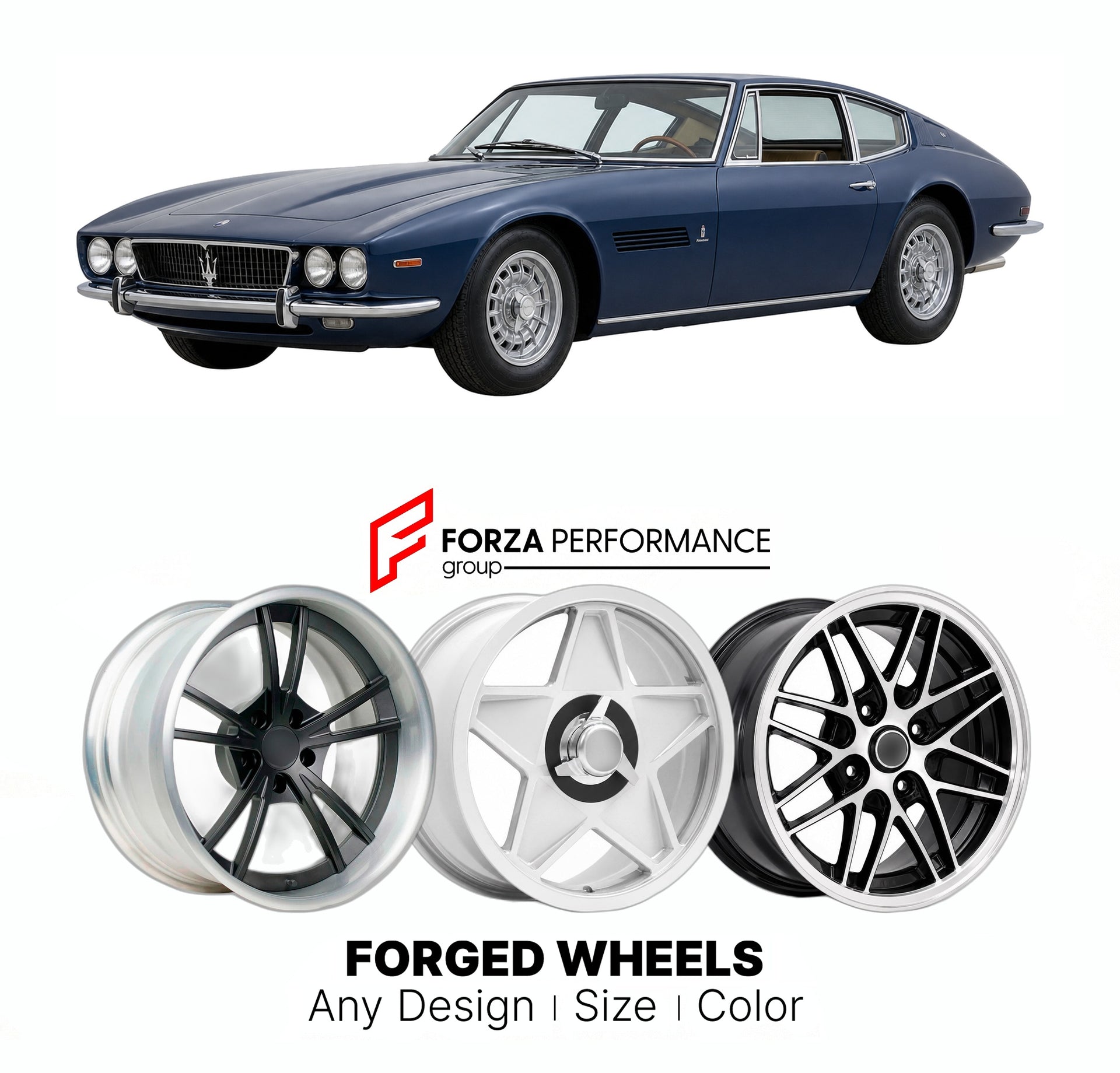 CUSTOM CLASSIC VINTAGE RESTOMOD RETRO OLD SCHOOL FORGED WHEELS RIMS for MASERATI GHIBLI AM115 1967 - 1973

Custom forged wheels for Maserati Ghibli AM115 1967 - 1973. Classic, vintage, restomod wheel designs made to order in custom sizes, offsets, colors and finishes.

We manufacture premium quality forged wheels rims for Maserati Ghibli AM115 1967 - 1973 in any design, size, color.

THIS WHEEL DESIGN CAN BE CUSTOM-MADE FOR YOUR CAR IN ANY SIZE AND COLOR OPTIONS
Available in monoblock, 2-piece, 3-piece, duo