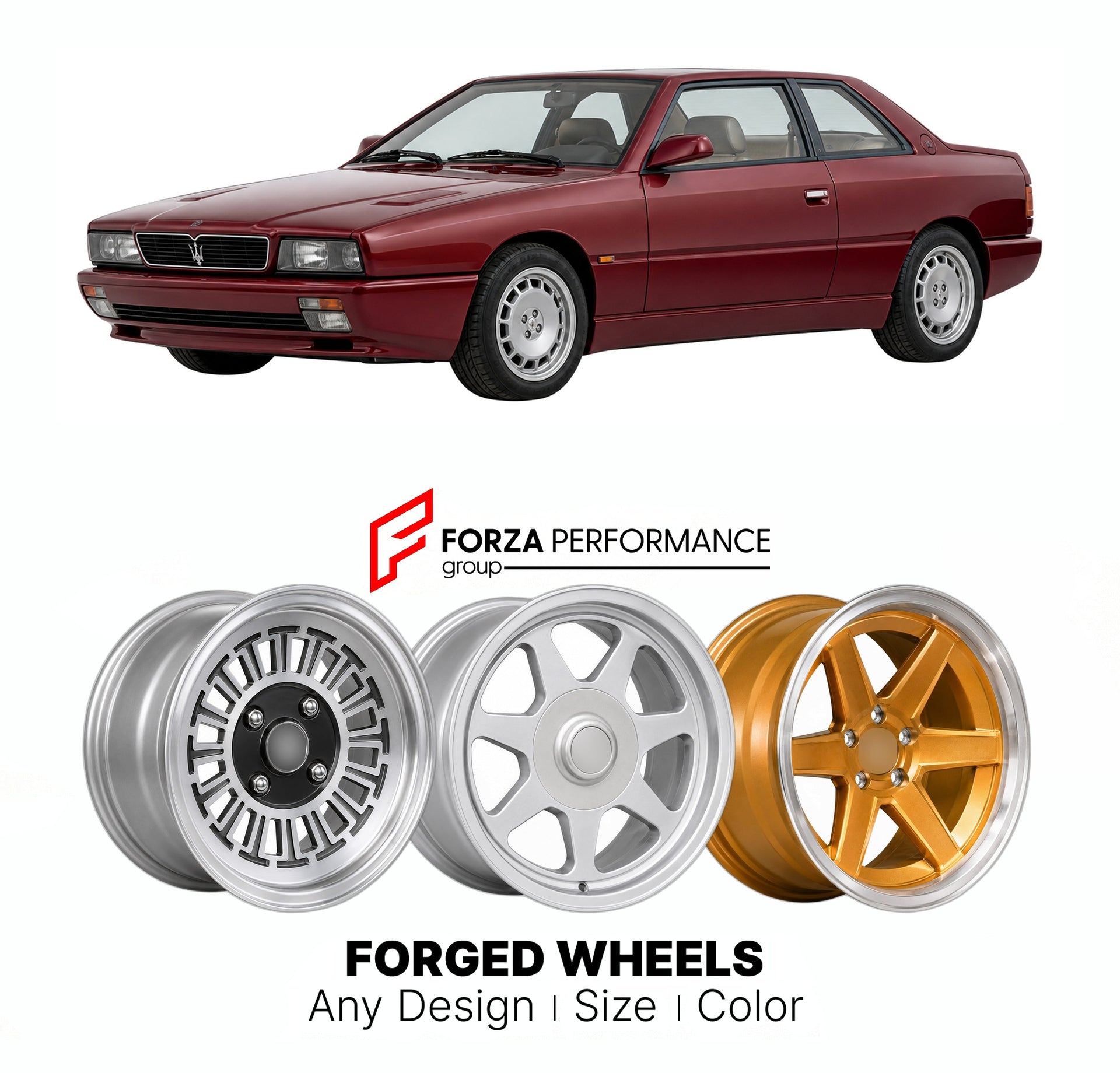 CUSTOM CLASSIC VINTAGE RESTOMOD RETRO OLD SCHOOL FORGED WHEELS RIMS for MASERATI GHIBLI AM336 1992 - 1998

Custom forged wheels for Maserati Ghibli AM336 1992 - 1998. Classic, vintage, restomod wheel designs made to order in custom sizes, offsets, colors and finishes.

We manufacture premium quality forged wheels rims for Maserati Ghibli AM336 1992 - 1998 in any design, size, color.

THIS WHEEL DESIGN CAN BE CUSTOM-MADE FOR YOUR CAR IN ANY SIZE AND COLOR OPTIONS
Available in monoblock, 2-piece, 3-piece, duo