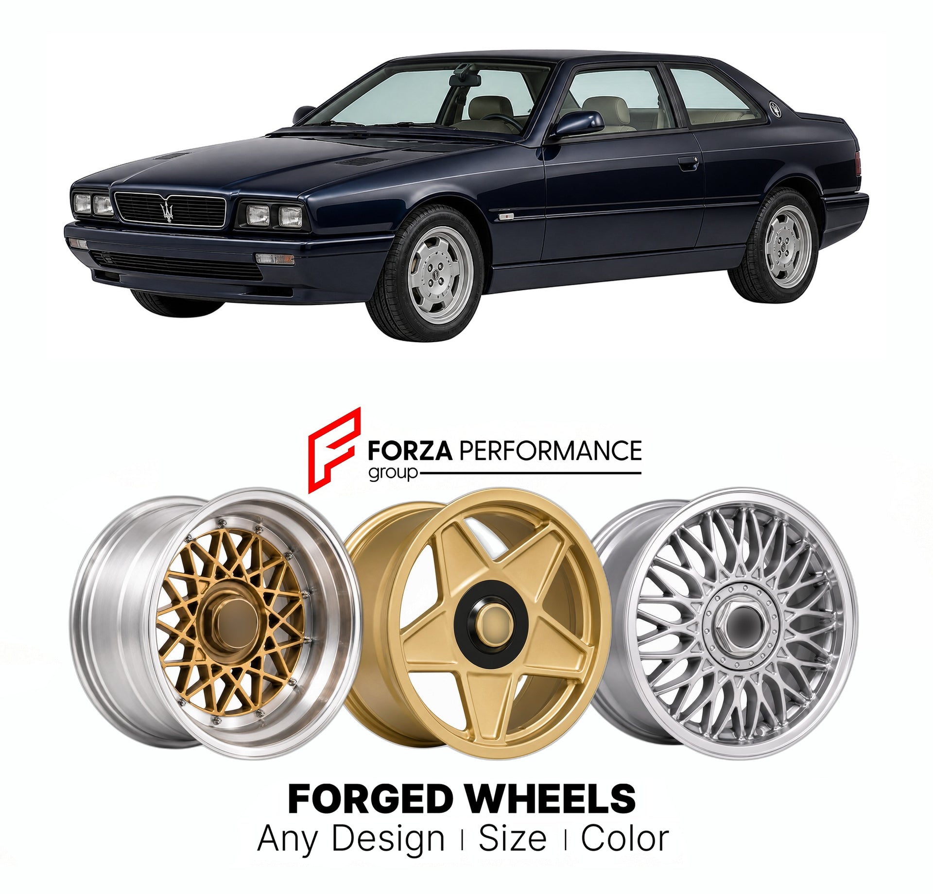 CUSTOM CLASSIC VINTAGE RESTOMOD RETRO OLD SCHOOL FORGED WHEELS RIMS for MASERATI GHIBLI II AM336 1992 - 1997

Custom forged wheels for Maserati Ghibli II AM336 1992 - 1997. Classic, vintage, restomod wheel designs made to order in custom sizes, offsets, colors and finishes.

We manufacture premium quality forged wheels rims for Maserati Ghibli II AM336 1992 - 1997 in any design, size, color.

THIS WHEEL DESIGN CAN BE CUSTOM-MADE FOR YOUR CAR IN ANY SIZE AND COLOR OPTIONS
Available in monoblock, 2-piece, 3-p