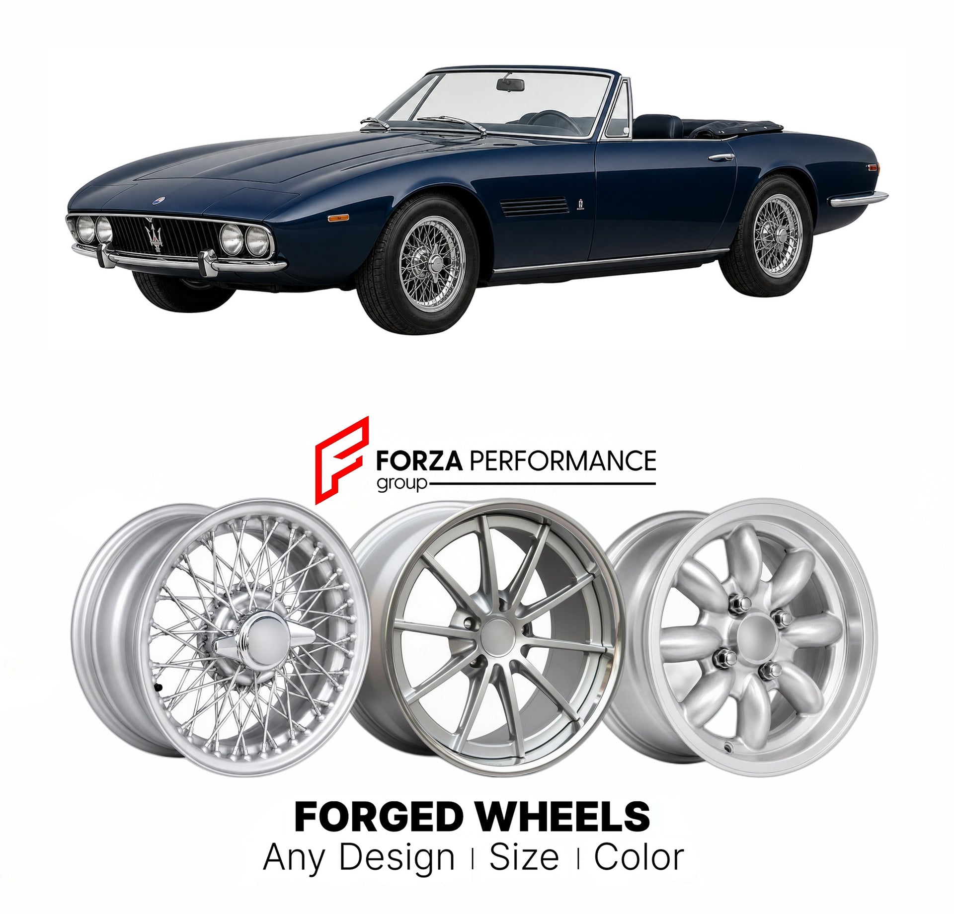 CUSTOM CLASSIC VINTAGE RESTOMOD RETRO OLD SCHOOL FORGED WHEELS RIMS for MASERATI GHIBLI SPYDER 1969 - 1973

Custom forged wheels for Maserati Ghibli Spyder 1969 - 1973. Classic, vintage, restomod wheel designs made to order in custom sizes, offsets, colors and finishes.

We manufacture premium quality forged wheels rims for Maserati Ghibli Spyder 1969 - 1973 in any design, size, color.

THIS WHEEL DESIGN CAN BE CUSTOM-MADE FOR YOUR CAR IN ANY SIZE AND COLOR OPTIONS
Available in monoblock, 2-piece, 3-piece, 
