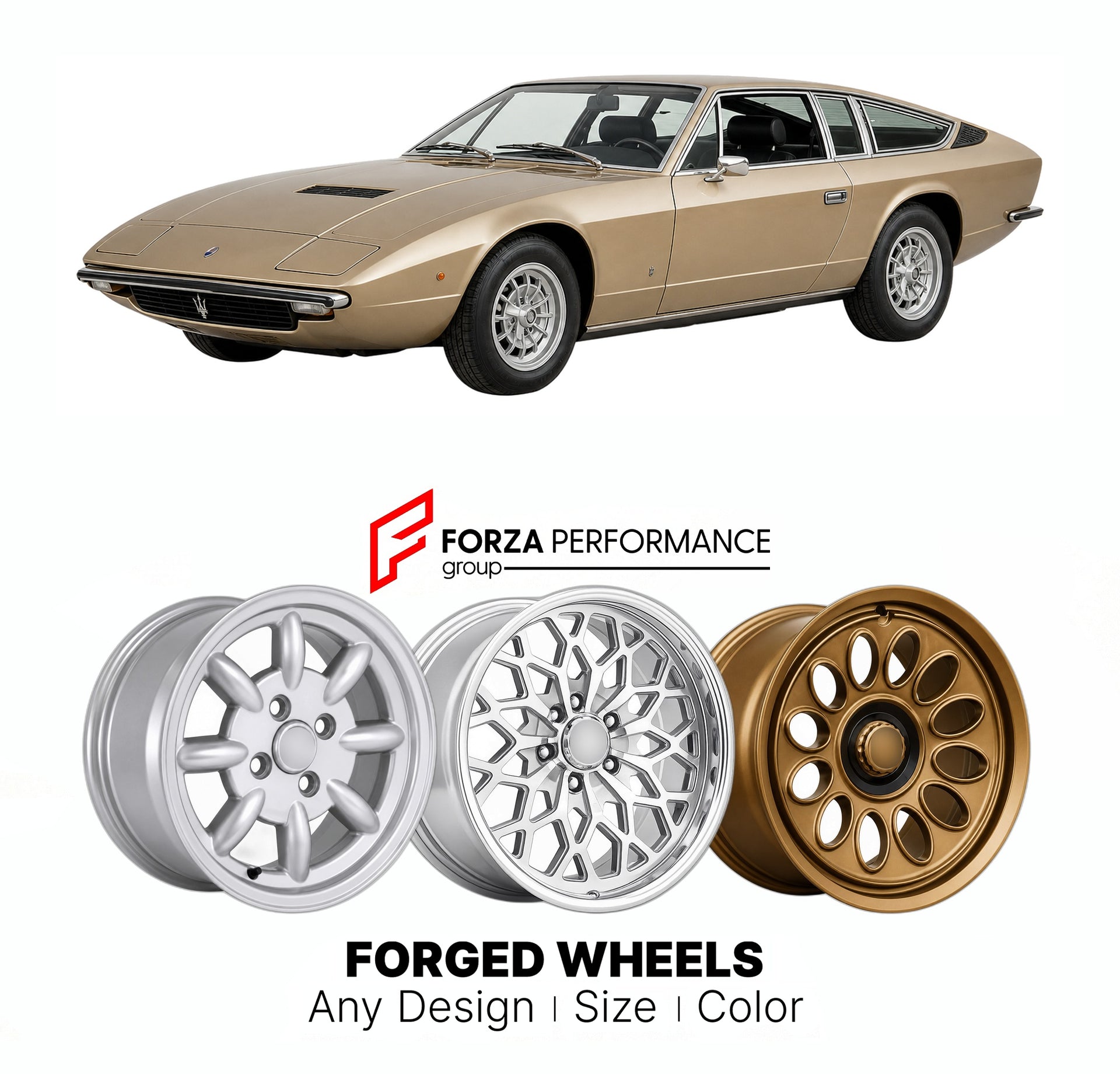 CUSTOM CLASSIC VINTAGE RESTOMOD RETRO OLD SCHOOL FORGED WHEELS RIMS for MASERATI KHAMSIN 1974 - 1982

Custom forged wheels for Maserati Khamsin 1974 - 1982. Classic, vintage, restomod wheel designs made to order in custom sizes, offsets, colors and finishes.

We manufacture premium quality forged wheels rims for Maserati Khamsin 1974 - 1982 in any design, size, color.

THIS WHEEL DESIGN CAN BE CUSTOM-MADE FOR YOUR CAR IN ANY SIZE AND COLOR OPTIONS
Available in monoblock, 2-piece, 3-piece, duoblock, beadlock