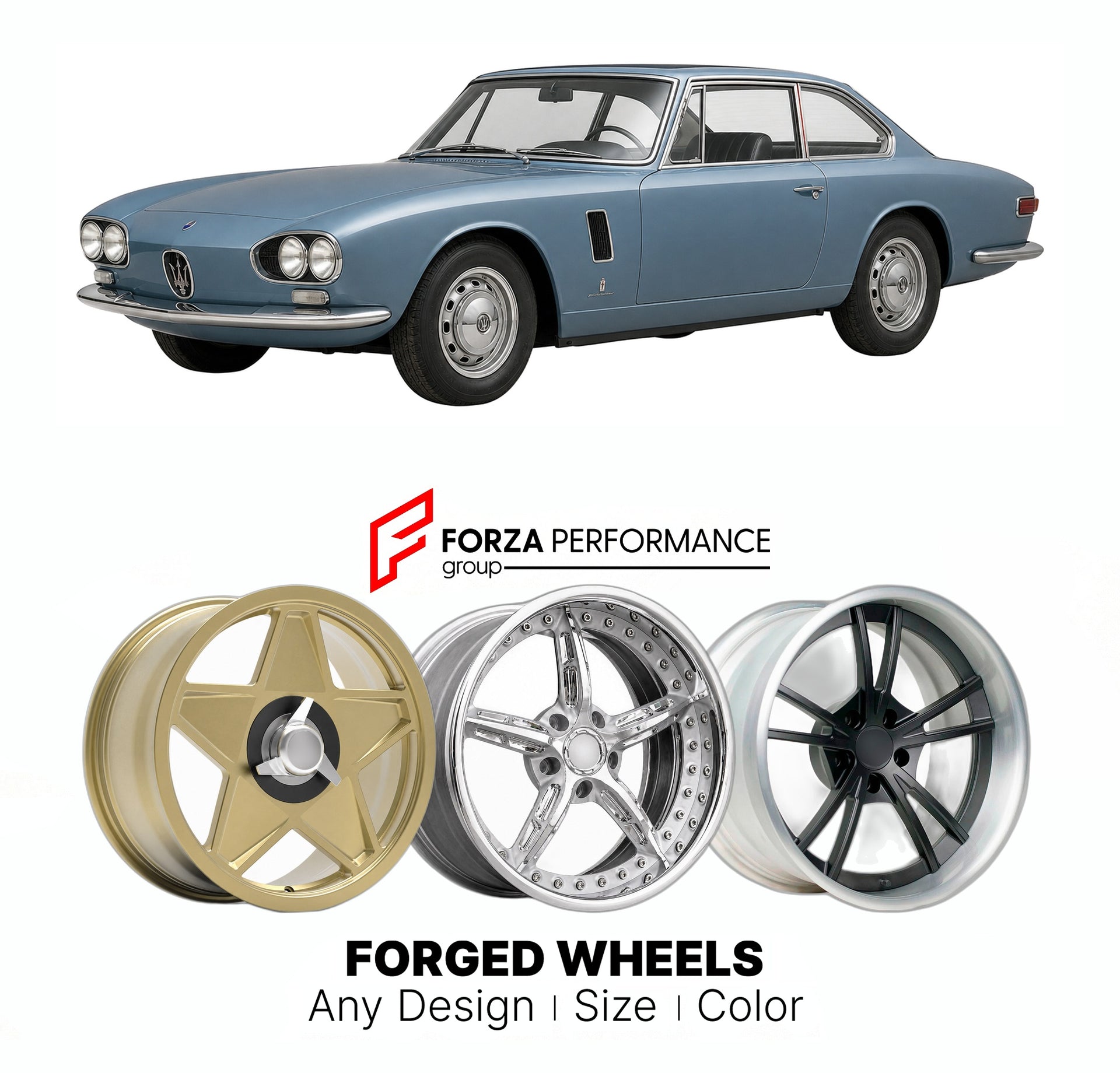 CUSTOM CLASSIC VINTAGE RESTOMOD RETRO OLD SCHOOL FORGED WHEELS RIMS for MASERATI MEXICO 1966 - 1972

Custom forged wheels for Maserati Mexico 1966 - 1972. Classic, vintage, restomod wheel designs made to order in custom sizes, offsets, colors and finishes.

We manufacture premium quality forged wheels rims for Maserati Mexico 1966 - 1972 in any design, size, color.

THIS WHEEL DESIGN CAN BE CUSTOM-MADE FOR YOUR CAR IN ANY SIZE AND COLOR OPTIONS
Available in monoblock, 2-piece, 3-piece, duoblock, beadlock
3D