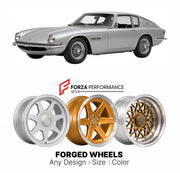 CUSTOM CLASSIC VINTAGE RESTOMOD RETRO OLD SCHOOL FORGED WHEELS RIMS for MASERATI MISTRAL COUPE 1963 - 1970

Custom forged wheels for Maserati Mistral Coupe 1963 - 1970. Classic, vintage, restomod wheel designs made to order in custom sizes, offsets, colors and finishes.

We manufacture premium quality forged wheels rims for Maserati Mistral Coupe 1963 - 1970 in any design, size, color.

THIS WHEEL DESIGN CAN BE CUSTOM-MADE FOR YOUR CAR IN ANY SIZE AND COLOR OPTIONS
Available in monoblock, 2-piece, 3-piece, 