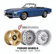 CUSTOM CLASSIC VINTAGE RESTOMOD RETRO OLD SCHOOL FORGED WHEELS RIMS for MASERATI MISTRAL SPYDER 1964 - 1970

Custom forged wheels for Maserati Mistral Spyder 1964 - 1970. Classic, vintage, restomod wheel designs made to order in custom sizes, offsets, colors and finishes.

We manufacture premium quality forged wheels rims for Maserati Mistral Spyder 1964 - 1970 in any design, size, color.

THIS WHEEL DESIGN CAN BE CUSTOM-MADE FOR YOUR CAR IN ANY SIZE AND COLOR OPTIONS
Available in monoblock, 2-piece, 3-piec
