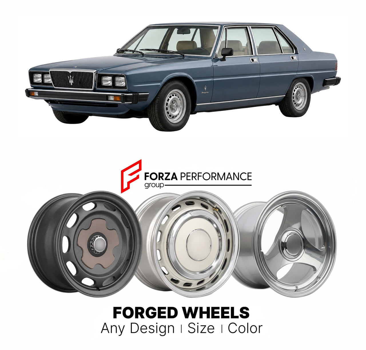 CUSTOM CLASSIC VINTAGE RESTOMOD RETRO OLD SCHOOL FORGED WHEELS RIMS for MASERATI QUATTROPORTE III 1979 - 1990

Custom forged wheels for Maserati Quattroporte III 1979 - 1990. Classic, vintage, restomod wheel designs made to order in custom sizes, offsets, colors and finishes.

We manufacture premium quality forged wheels rims for Maserati Quattroporte III 1979 - 1990 in any design, size, color.

THIS WHEEL DESIGN CAN BE CUSTOM-MADE FOR YOUR CAR IN ANY SIZE AND COLOR OPTIONS
Available in monoblock, 2-piece, 