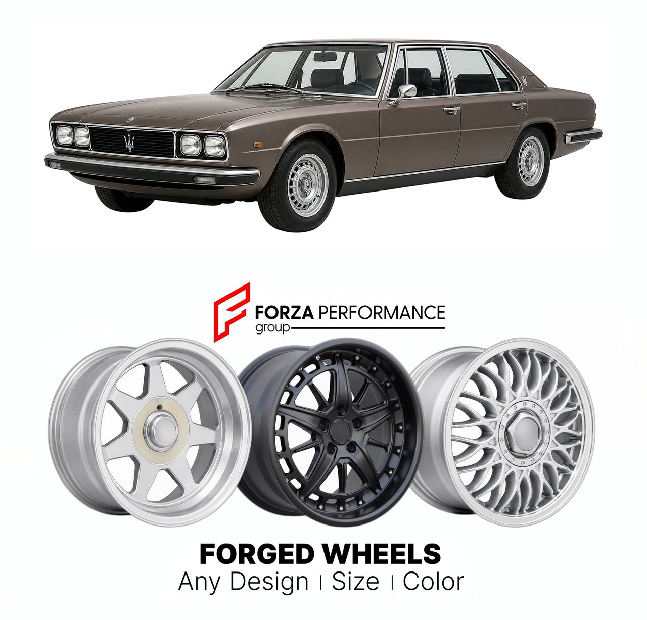 CUSTOM CLASSIC VINTAGE RESTOMOD RETRO OLD SCHOOL FORGED WHEELS RIMS for MASERATI QUATTROPORTE II 1974 - 1978

Custom forged wheels for Maserati Quattroporte II 1974 - 1978. Classic, vintage, restomod wheel designs made to order in custom sizes, offsets, colors and finishes.

We manufacture premium quality forged wheels rims for Maserati Quattroporte II 1974 - 1978 in any design, size, color.

THIS WHEEL DESIGN CAN BE CUSTOM-MADE FOR YOUR CAR IN ANY SIZE AND COLOR OPTIONS
Available in monoblock, 2-piece, 3-p