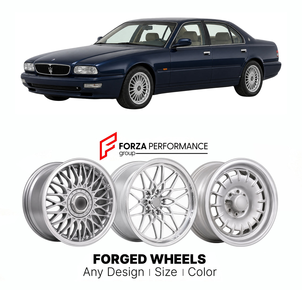 CUSTOM CLASSIC VINTAGE RESTOMOD RETRO OLD SCHOOL FORGED WHEELS RIMS for MASERATI QUATTROPORTE IV 1994 - 2001

Custom forged wheels for Maserati Quattroporte IV 1994 - 2001. Classic, vintage, restomod wheel designs made to order in custom sizes, offsets, colors and finishes.

We manufacture premium quality forged wheels rims for Maserati Quattroporte IV 1994 - 2001 in any design, size, color.

THIS WHEEL DESIGN CAN BE CUSTOM-MADE FOR YOUR CAR IN ANY SIZE AND COLOR OPTIONS
Available in monoblock, 2-piece, 3-p