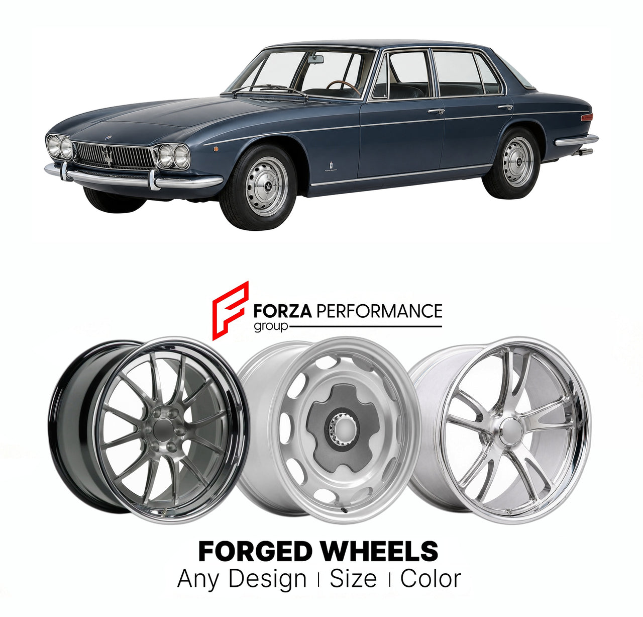 CUSTOM CLASSIC VINTAGE RESTOMOD RETRO OLD SCHOOL FORGED WHEELS RIMS for MASERATI QUATTROPORTE I 1963 - 1969

Custom forged wheels for Maserati Quattroporte I 1963 - 1969. Classic, vintage, restomod wheel designs made to order in custom sizes, offsets, colors and finishes.

We manufacture premium quality forged wheels rims for Maserati Quattroporte I 1963 - 1969 in any design, size, color.

THIS WHEEL DESIGN CAN BE CUSTOM-MADE FOR YOUR CAR IN ANY SIZE AND COLOR OPTIONS
Available in monoblock, 2-piece, 3-piec