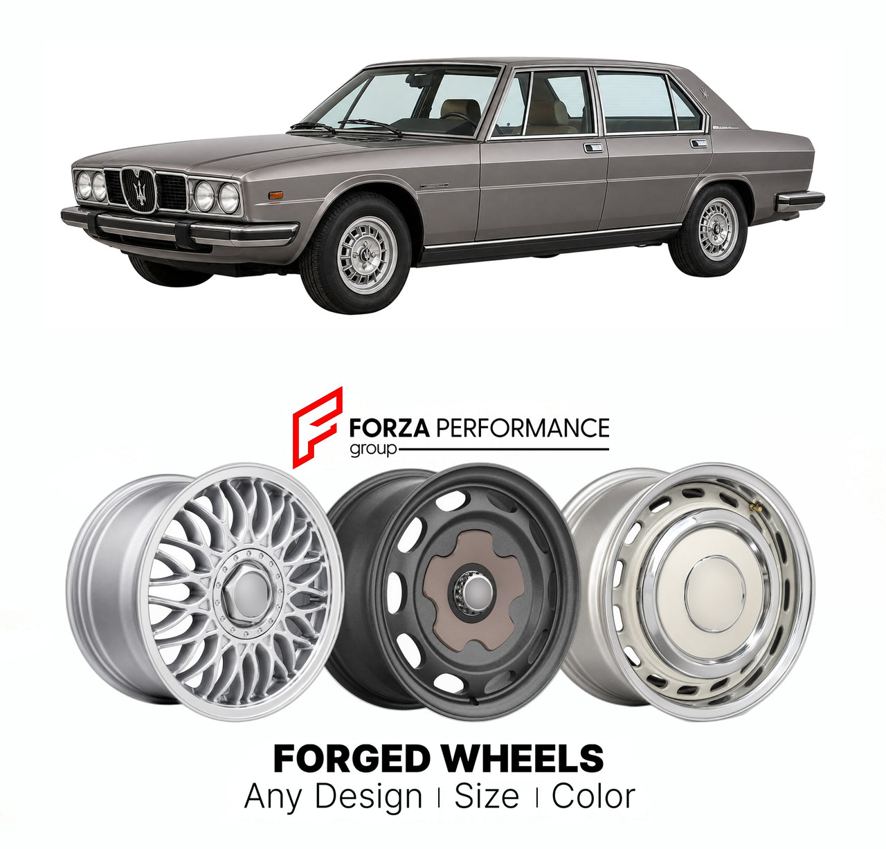 CUSTOM CLASSIC VINTAGE RESTOMOD RETRO OLD SCHOOL FORGED WHEELS RIMS for MASERATI QUATTROPORTE SERIES III 1979 - 1990

Custom forged wheels for Maserati Quattroporte Series III 1979 - 1990. Classic, vintage, restomod wheel designs made to order in custom sizes, offsets, colors and finishes.

We manufacture premium quality forged wheels rims for Maserati Quattroporte Series III 1979 - 1990 in any design, size, color.

THIS WHEEL DESIGN CAN BE CUSTOM-MADE FOR YOUR CAR IN ANY SIZE AND COLOR OPTIONS
Available in