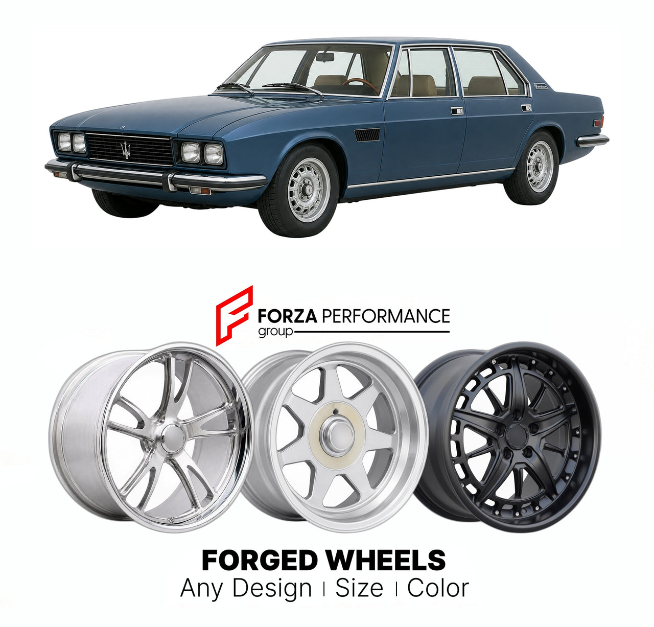 CUSTOM CLASSIC VINTAGE RESTOMOD RETRO OLD SCHOOL FORGED WHEELS RIMS for MASERATI QUATTROPORTE SERIES II 1974 - 1978

Custom forged wheels for Maserati Quattroporte Series II 1974 - 1978. Classic, vintage, restomod wheel designs made to order in custom sizes, offsets, colors and finishes.

We manufacture premium quality forged wheels rims for Maserati Quattroporte Series II 1974 - 1978 in any design, size, color.

THIS WHEEL DESIGN CAN BE CUSTOM-MADE FOR YOUR CAR IN ANY SIZE AND COLOR OPTIONS
Available in mo