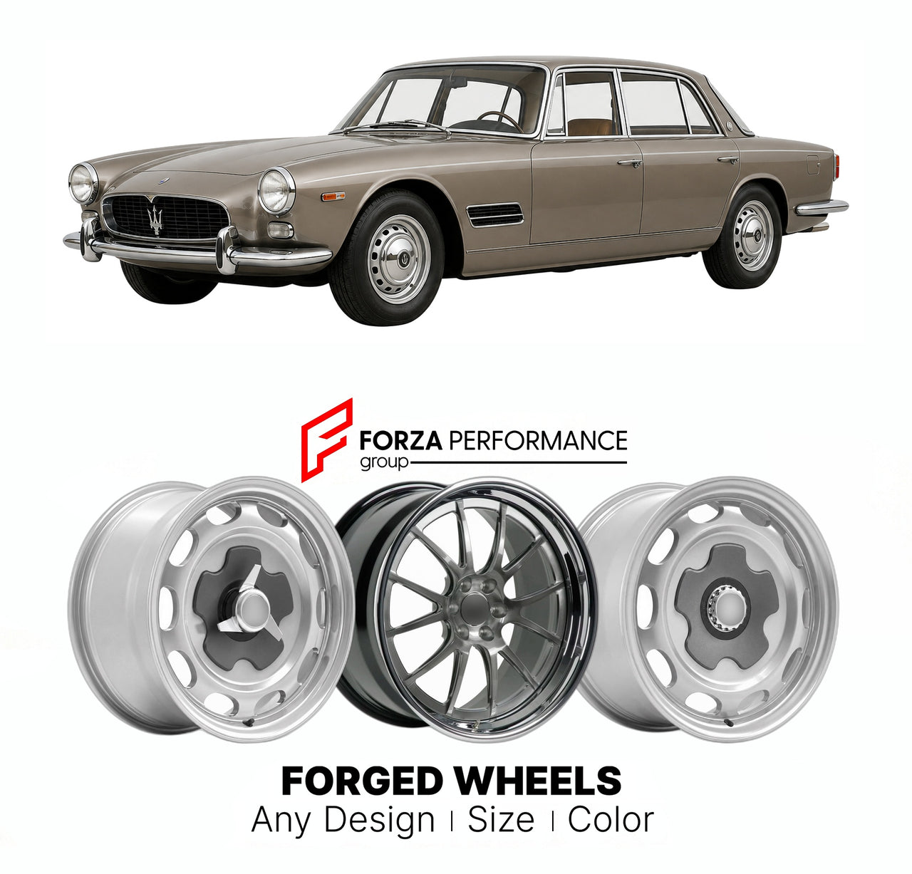 CUSTOM CLASSIC VINTAGE RESTOMOD RETRO OLD SCHOOL FORGED WHEELS RIMS for MASERATI QUATTROPORTE SERIES I 1963 - 1969

Custom forged wheels for Maserati Quattroporte Series I 1963 - 1969. Classic, vintage, restomod wheel designs made to order in custom sizes, offsets, colors and finishes.

We manufacture premium quality forged wheels rims for Maserati Quattroporte Series I 1963 - 1969 in any design, size, color.

THIS WHEEL DESIGN CAN BE CUSTOM-MADE FOR YOUR CAR IN ANY SIZE AND COLOR OPTIONS
Available in monob