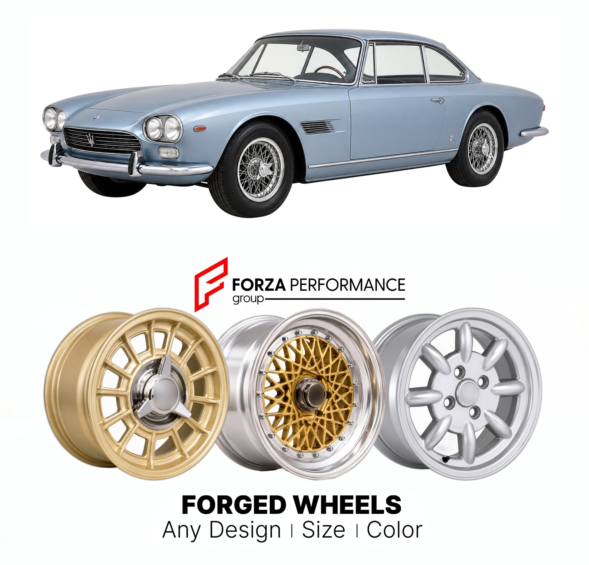 CUSTOM CLASSIC VINTAGE RESTOMOD RETRO OLD SCHOOL FORGED WHEELS RIMS for MASERATI SEBRING 1962 - 1969

Custom forged wheels for Maserati Sebring 1962 - 1969. Classic, vintage, restomod wheel designs made to order in custom sizes, offsets, colors and finishes.

We manufacture premium quality forged wheels rims for Maserati Sebring 1962 - 1969 in any design, size, color.

THIS WHEEL DESIGN CAN BE CUSTOM-MADE FOR YOUR CAR IN ANY SIZE AND COLOR OPTIONS
Available in monoblock, 2-piece, 3-piece, duoblock, beadlock